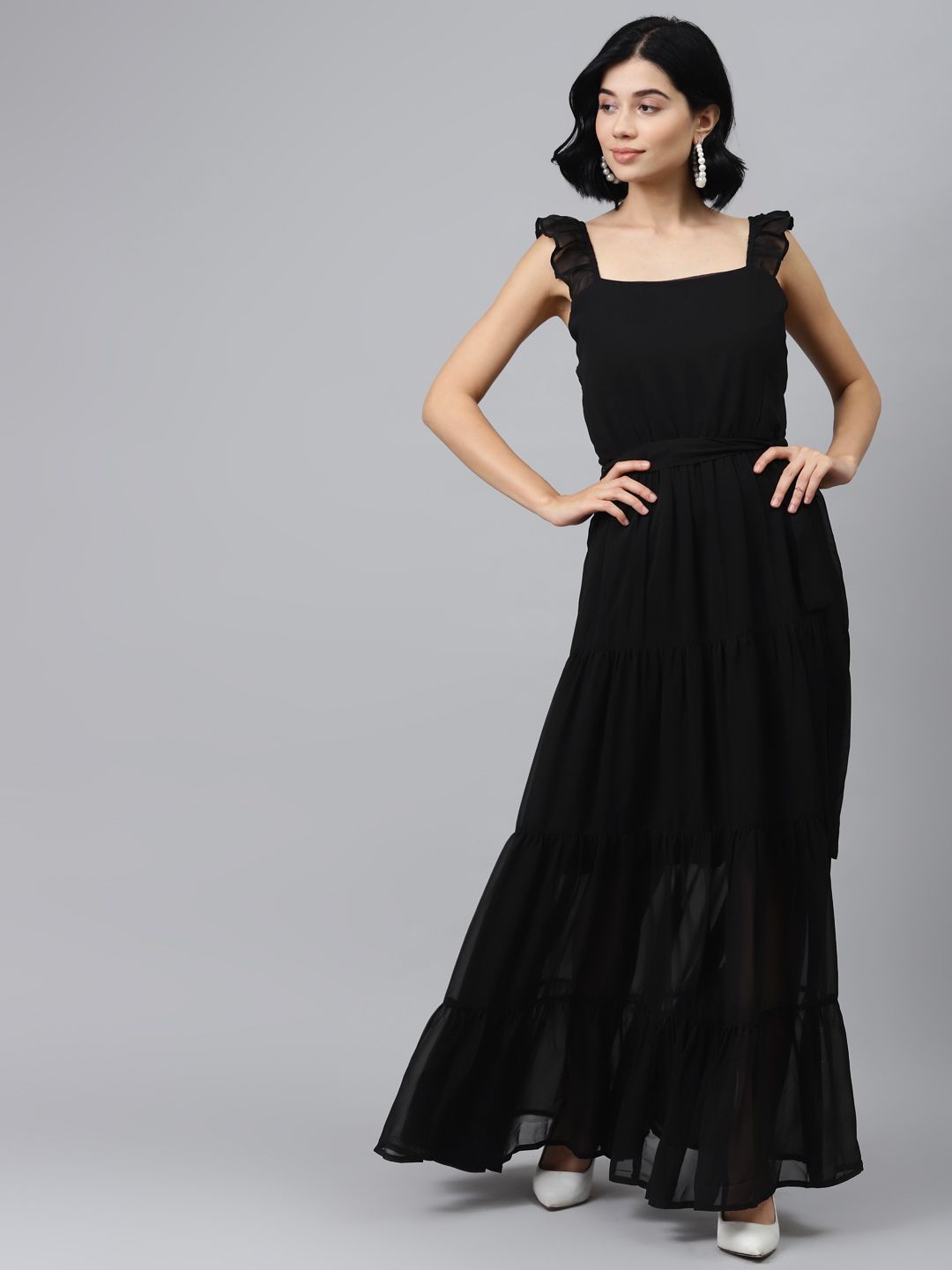 SASSAFRAS Women Black Solid Maxi Tiered Dress & Belt Price in India