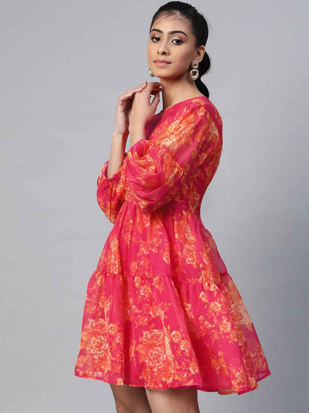 SASSAFRAS Pink & Orange Floral Printed Tiered A-Line Dress With Puff Sleeves Price in India