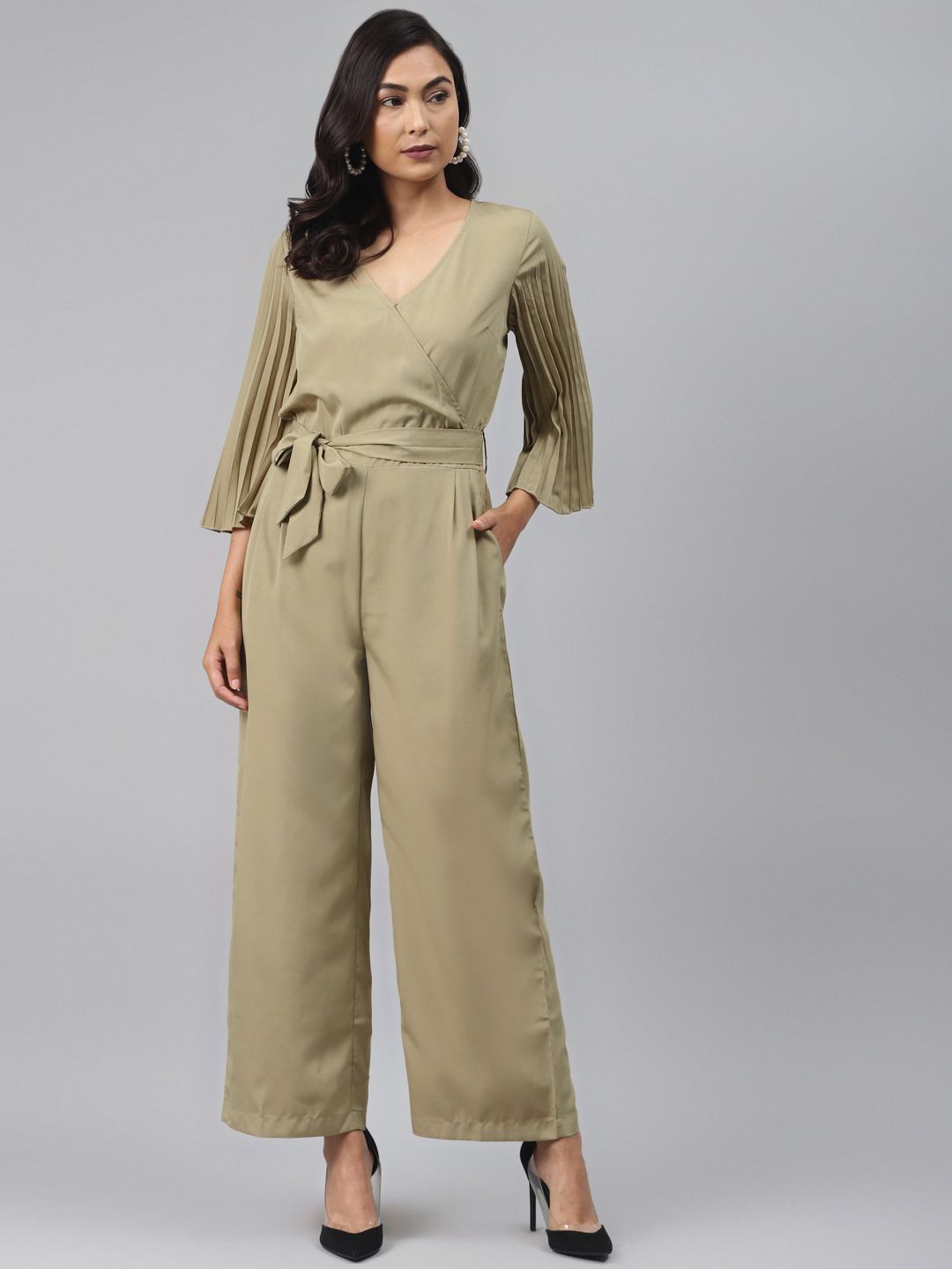 SASSAFRAS Women Khaki Solid Basic Jumpsuit With Pleated Sleeves