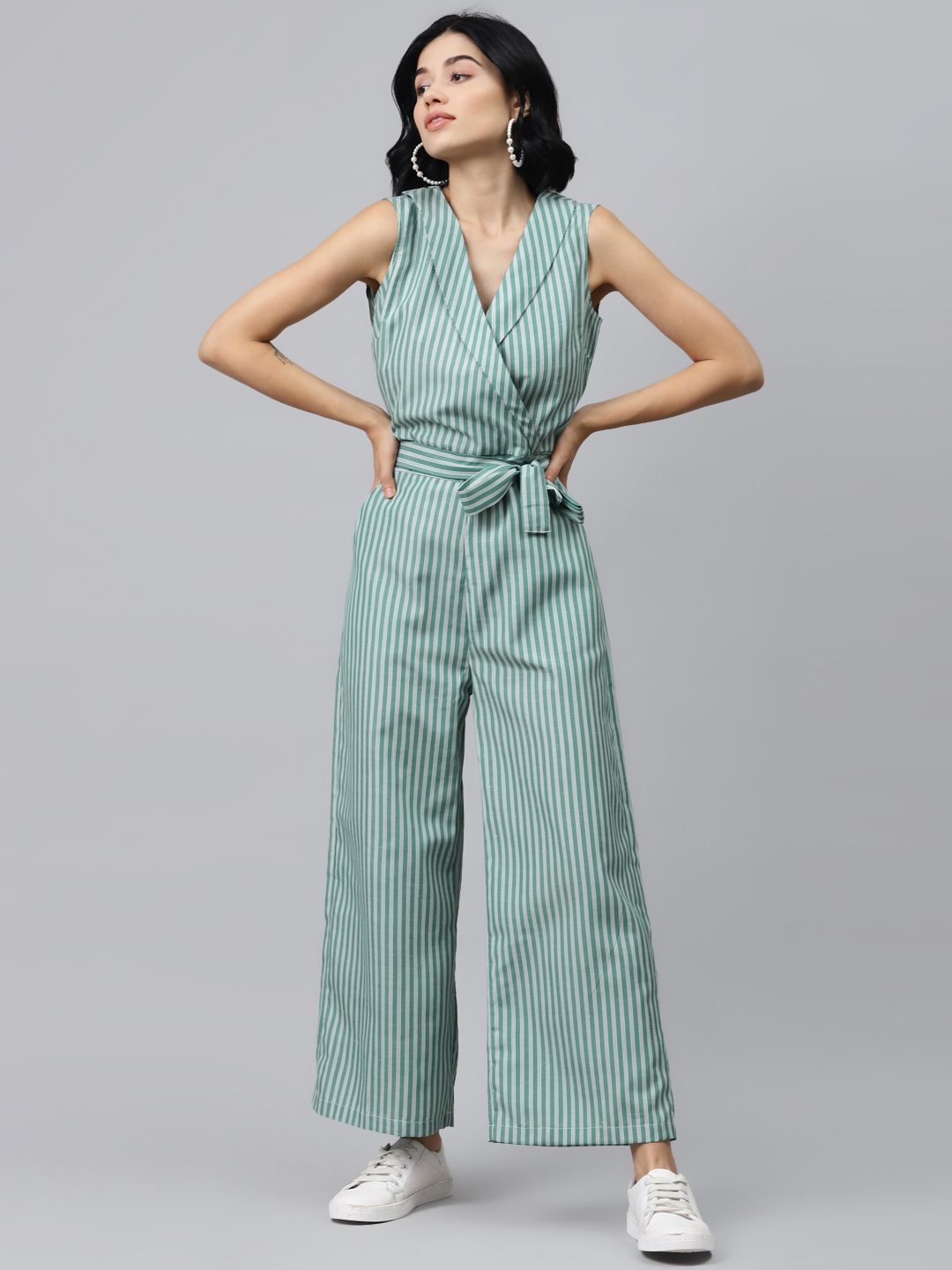 SASSAFRAS Women Green Striped Basic Jumpsuit Price in India