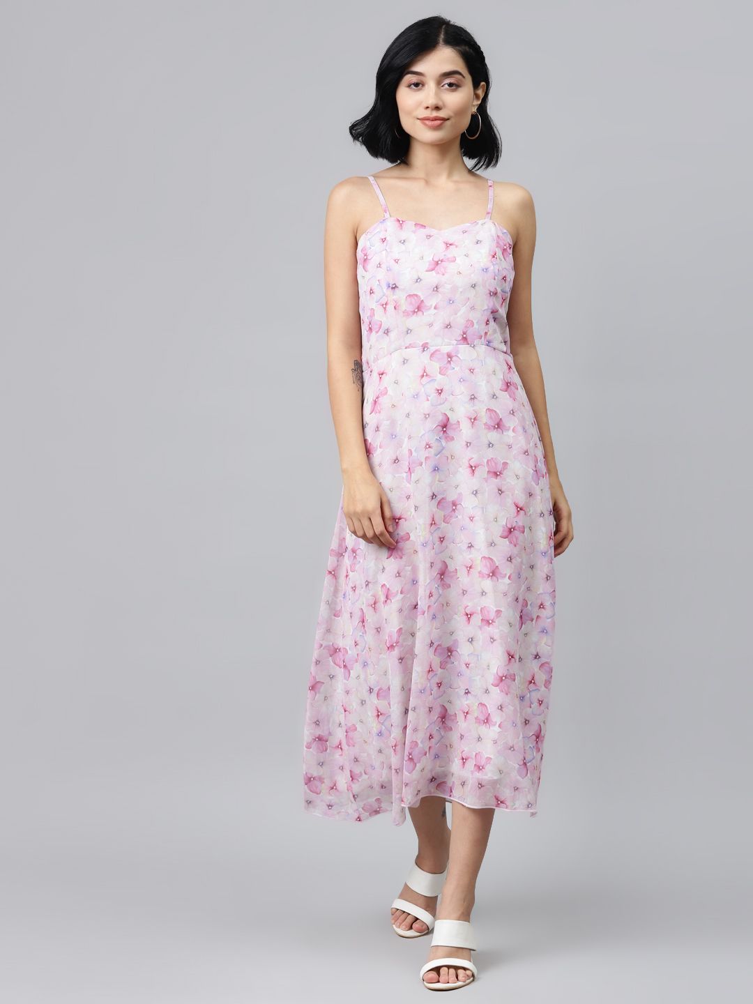SASSAFRAS Pink & Off-White Floral Print Smocked A-Line Dress Price in India