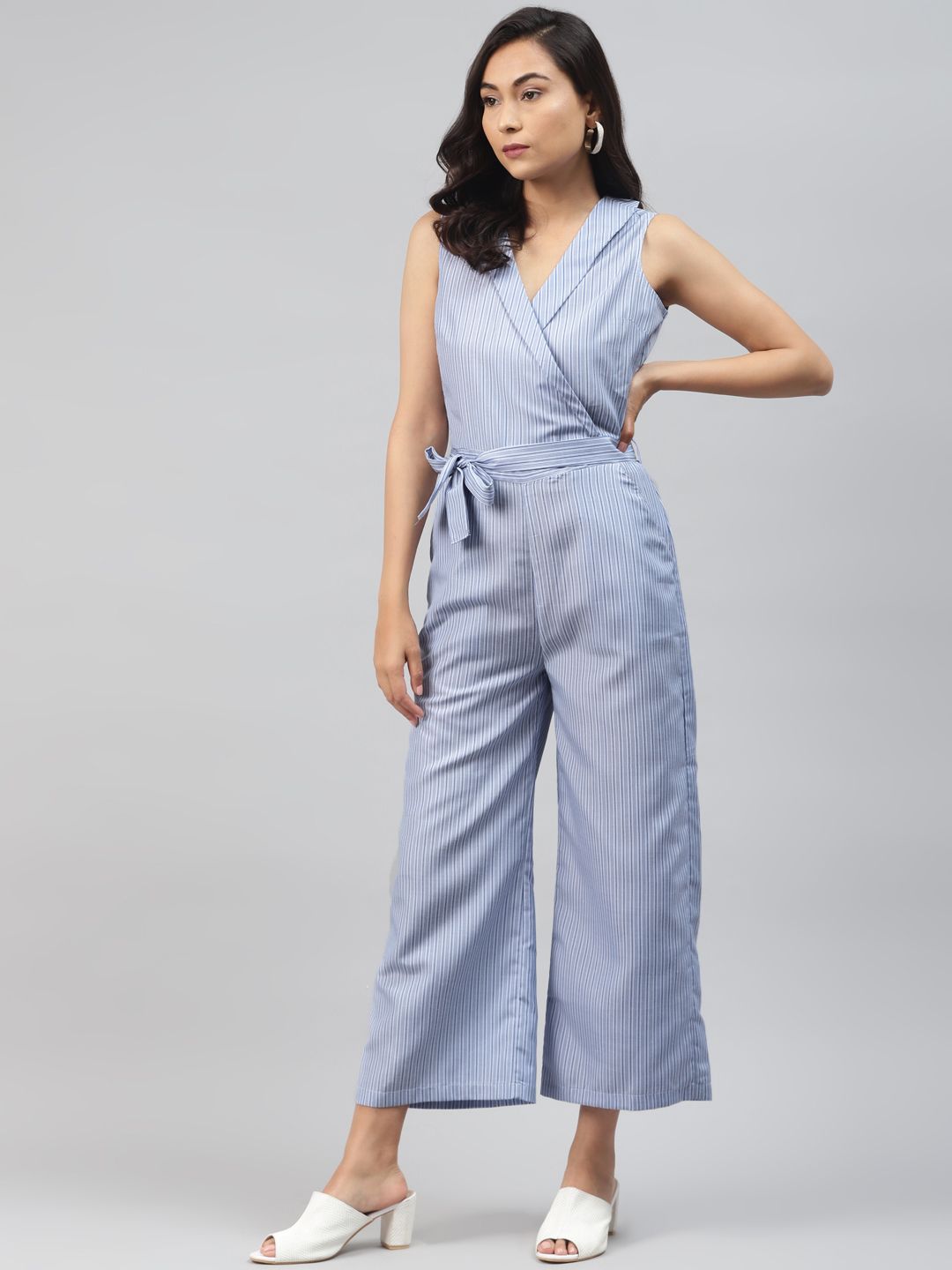 SASSAFRAS Women Blue & White Striped Basic Jumpsuit Price in India