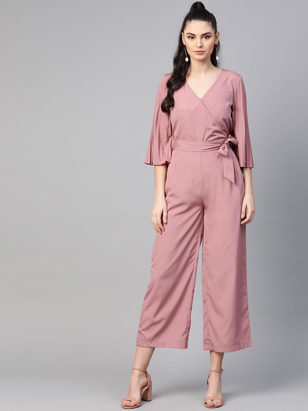 SASSAFRAS Women Mauve Solid Cropped Wrap Basic Jumpsuit Price in India
