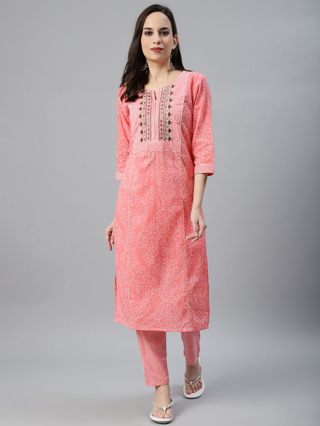 Anubhutee Women Pink & White Pure Cotton Bandhani Print Kurta with Trousers