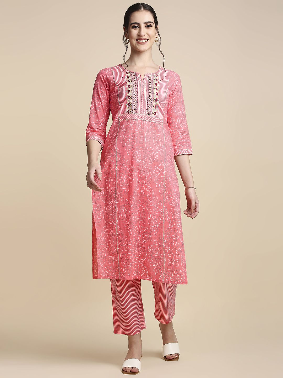 Anubhutee Women Pink & White Pure Cotton Bandhani Print Kurta with Trousers Price in India