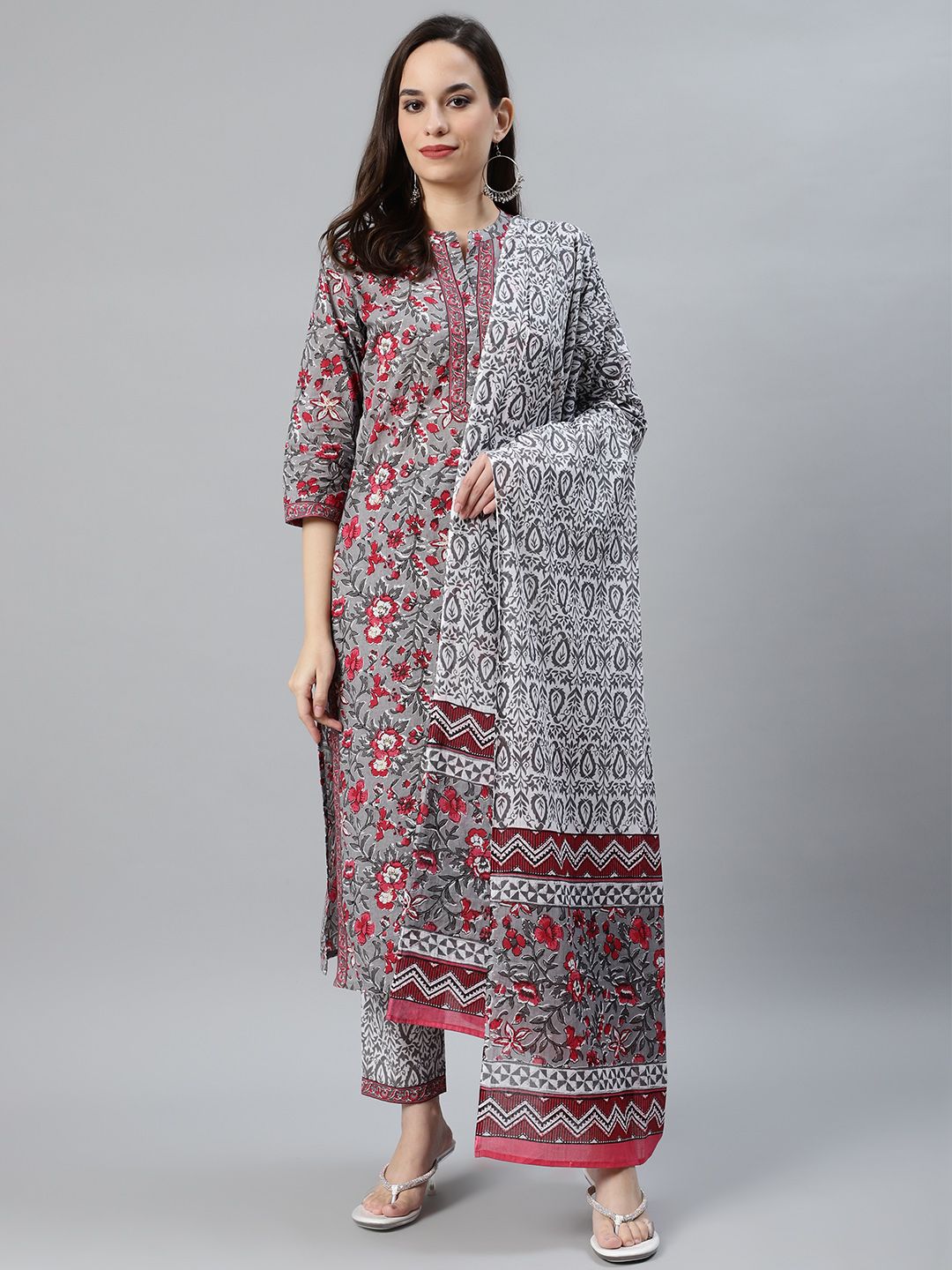 Anubhutee Women Grey & Pink Pure Cotton Floral Print Kurta with Trousers & Dupatta