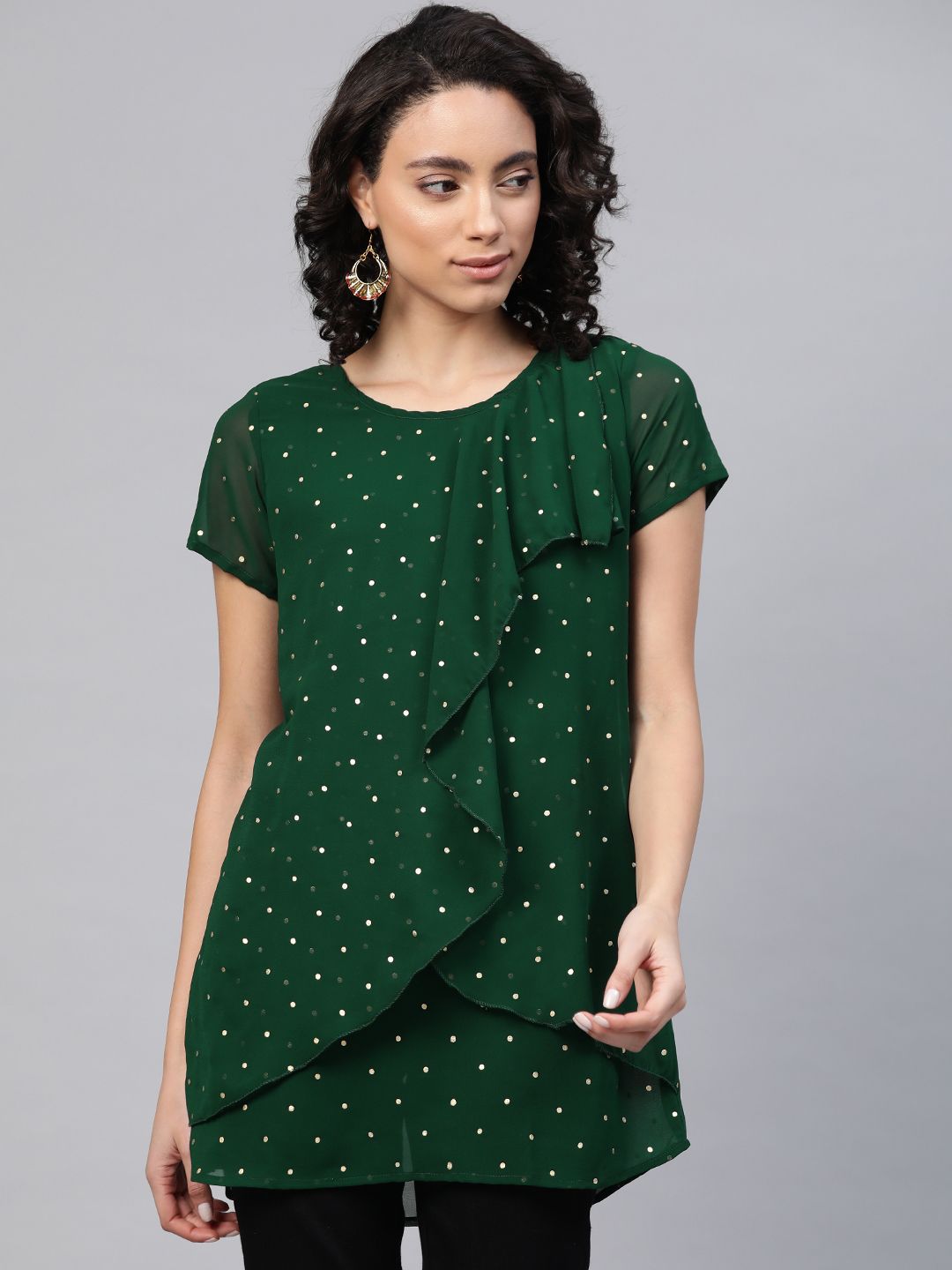 Ahalyaa Women Green & Golden Polka Dots Print Layered Tunic Price in India