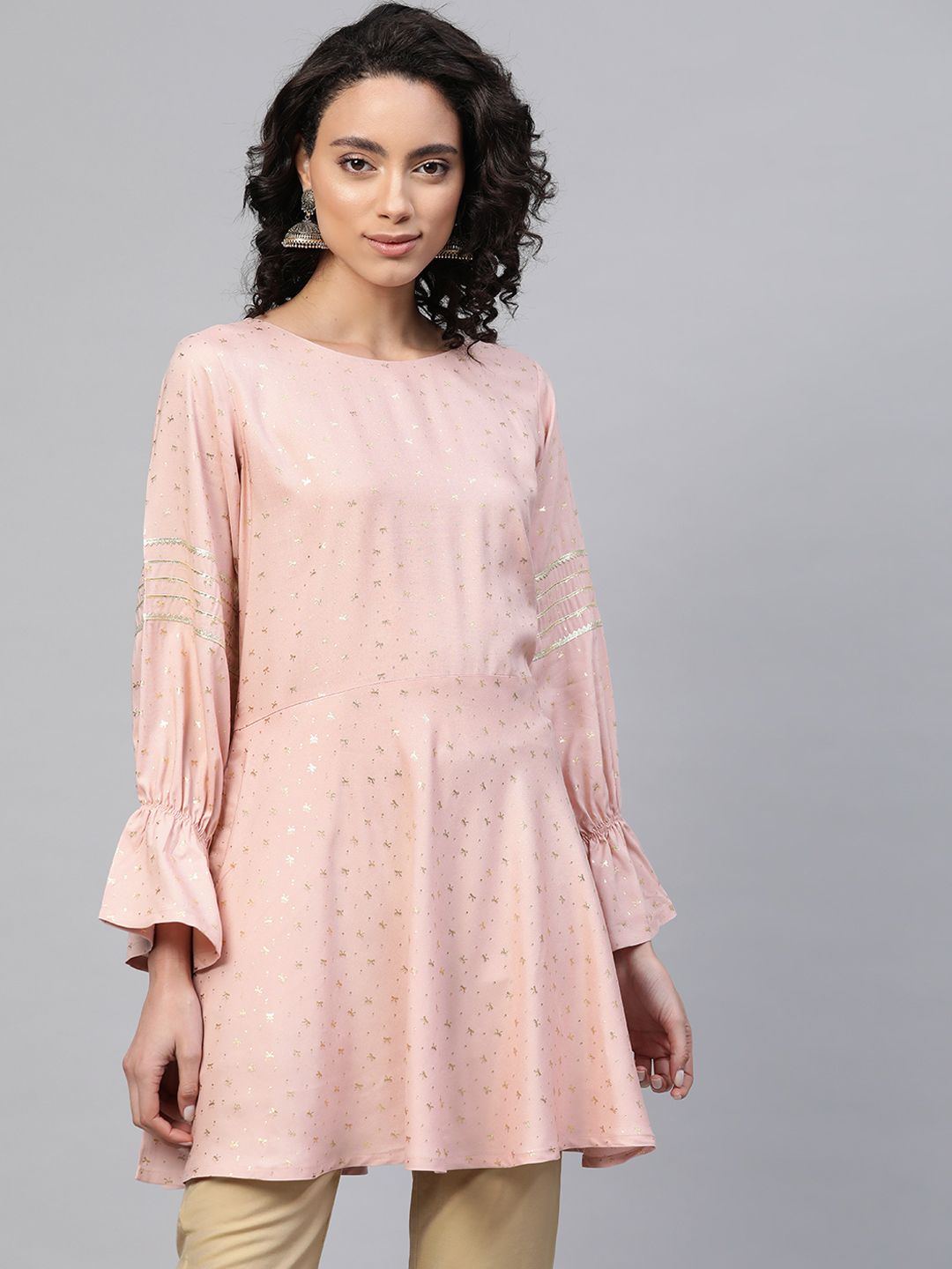 Ahalyaa Women Pink & Golden Ethnic Print Tunic Price in India