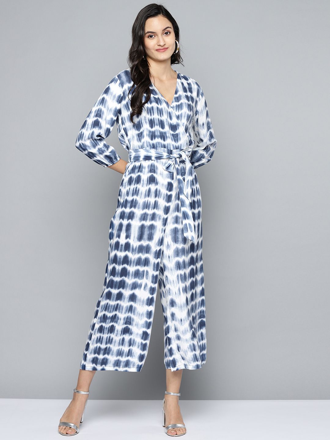 Femella Women Blue & White Tie & Dye Printed Cropped Wrap Jumpsuit With Belt Price in India