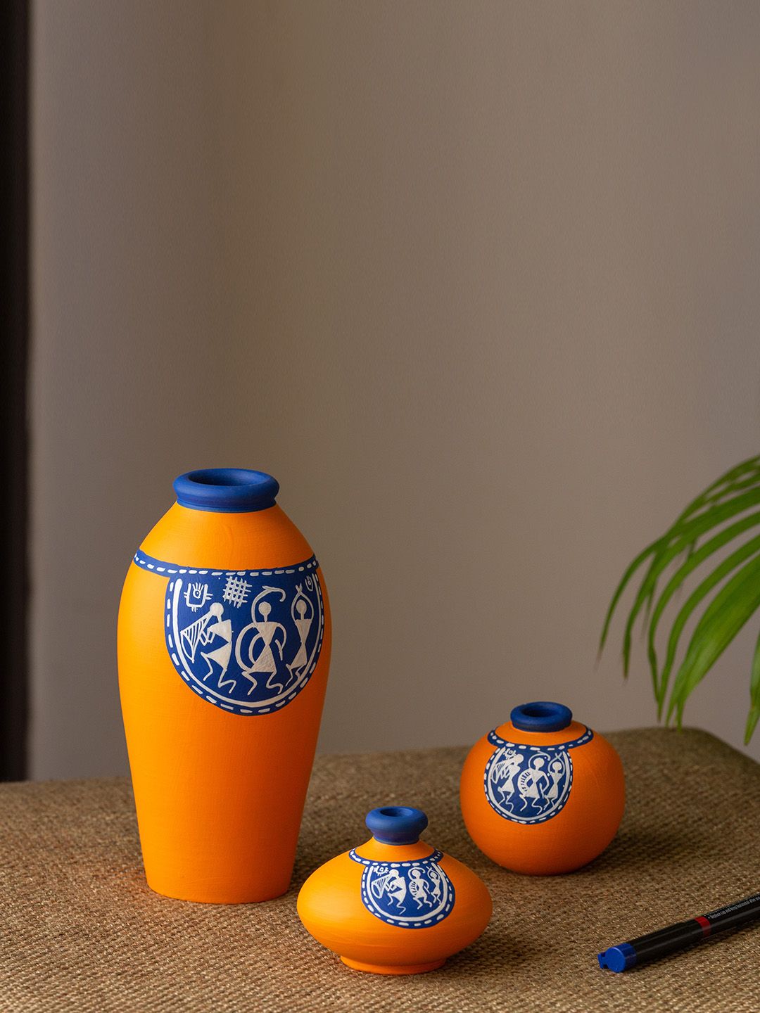 ExclusiveLane Set Of 3 Orange & Blue Hand Painted Terracotta Vases Price in India