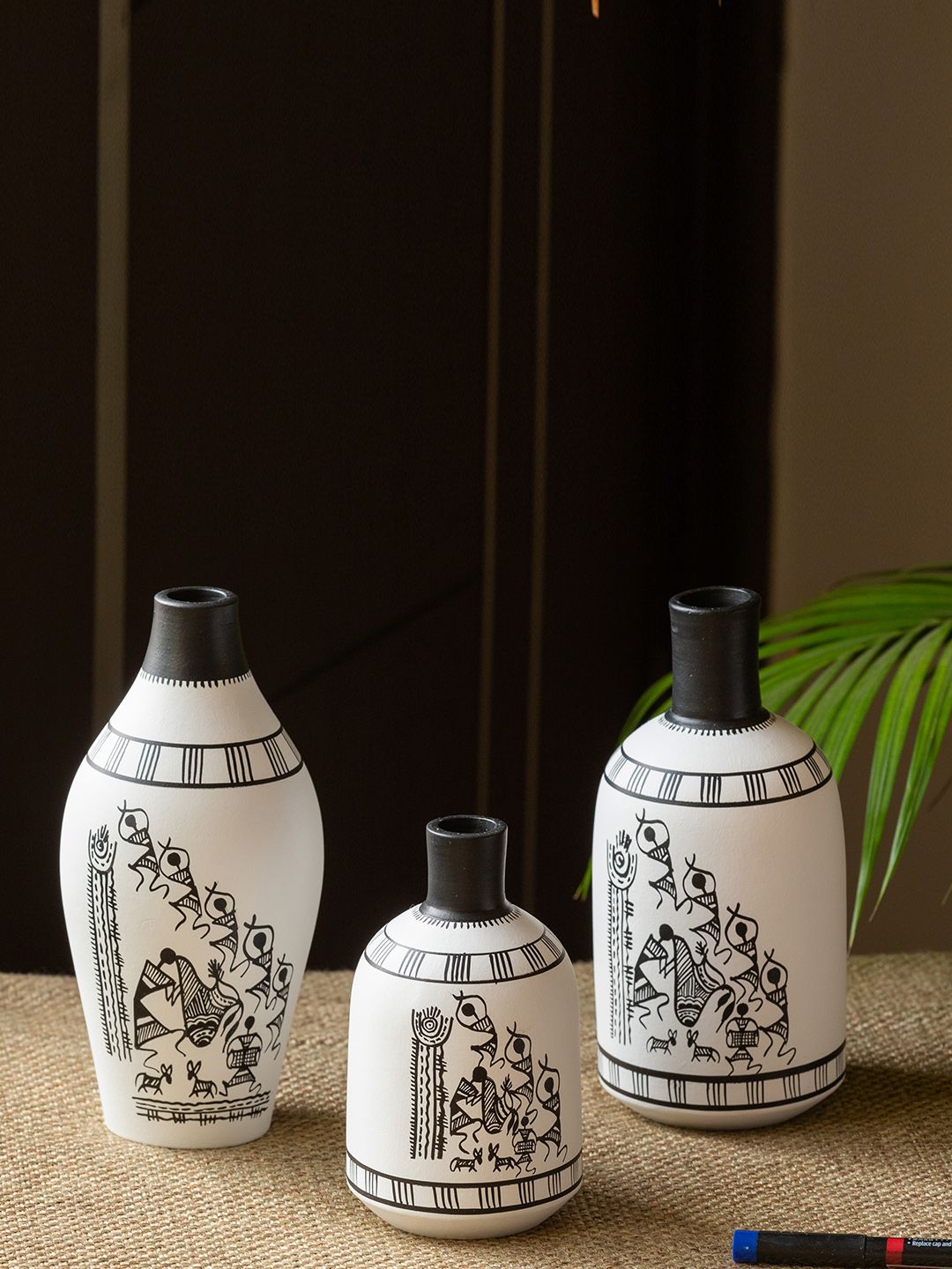 ExclusiveLane Set Of 3 White & Black Hand Painted Terracotta Vases Price in India