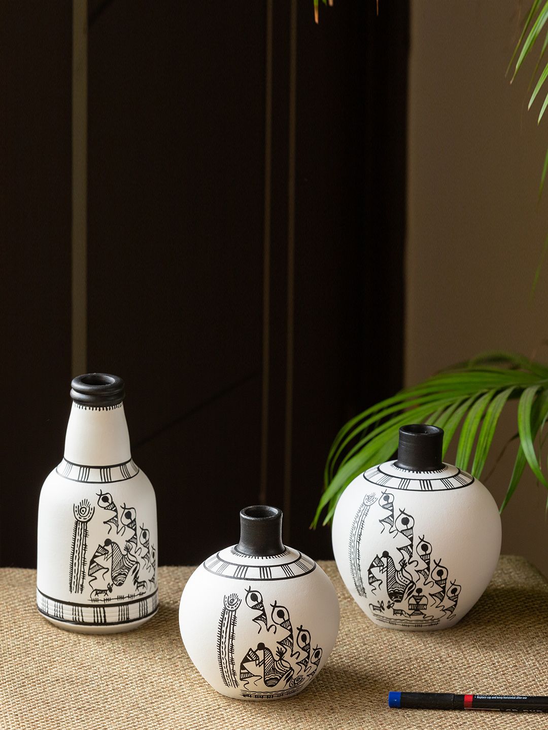 ExclusiveLane Set Of 3 White & Black Hand Painted Terracotta Vases Price in India