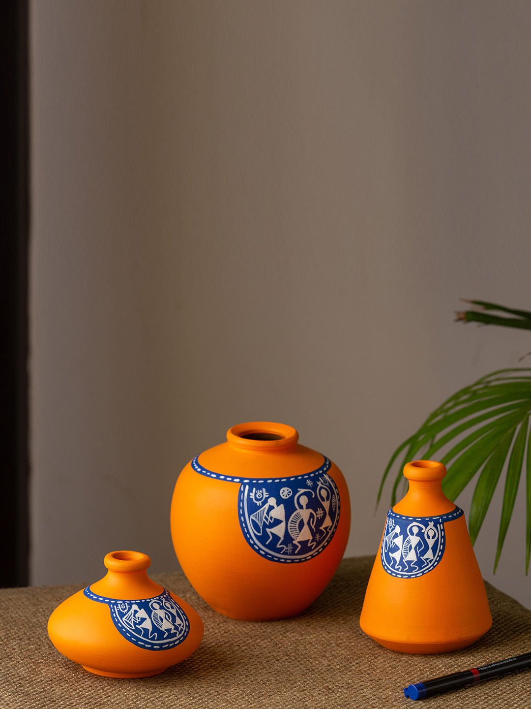 ExclusiveLane Set Of 3 Orange & Blue Hand Painted Terracotta Vases Price in India
