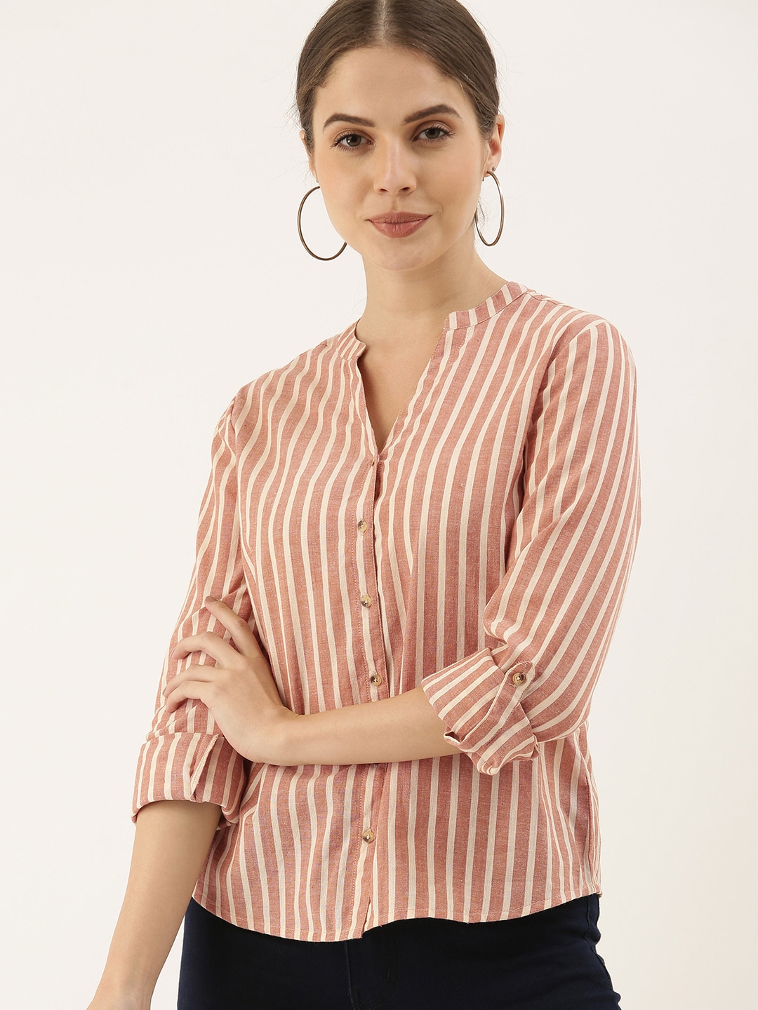 Chemistry Women Brown & Off-White Regular Fit Striped Casual Shirt Price in India
