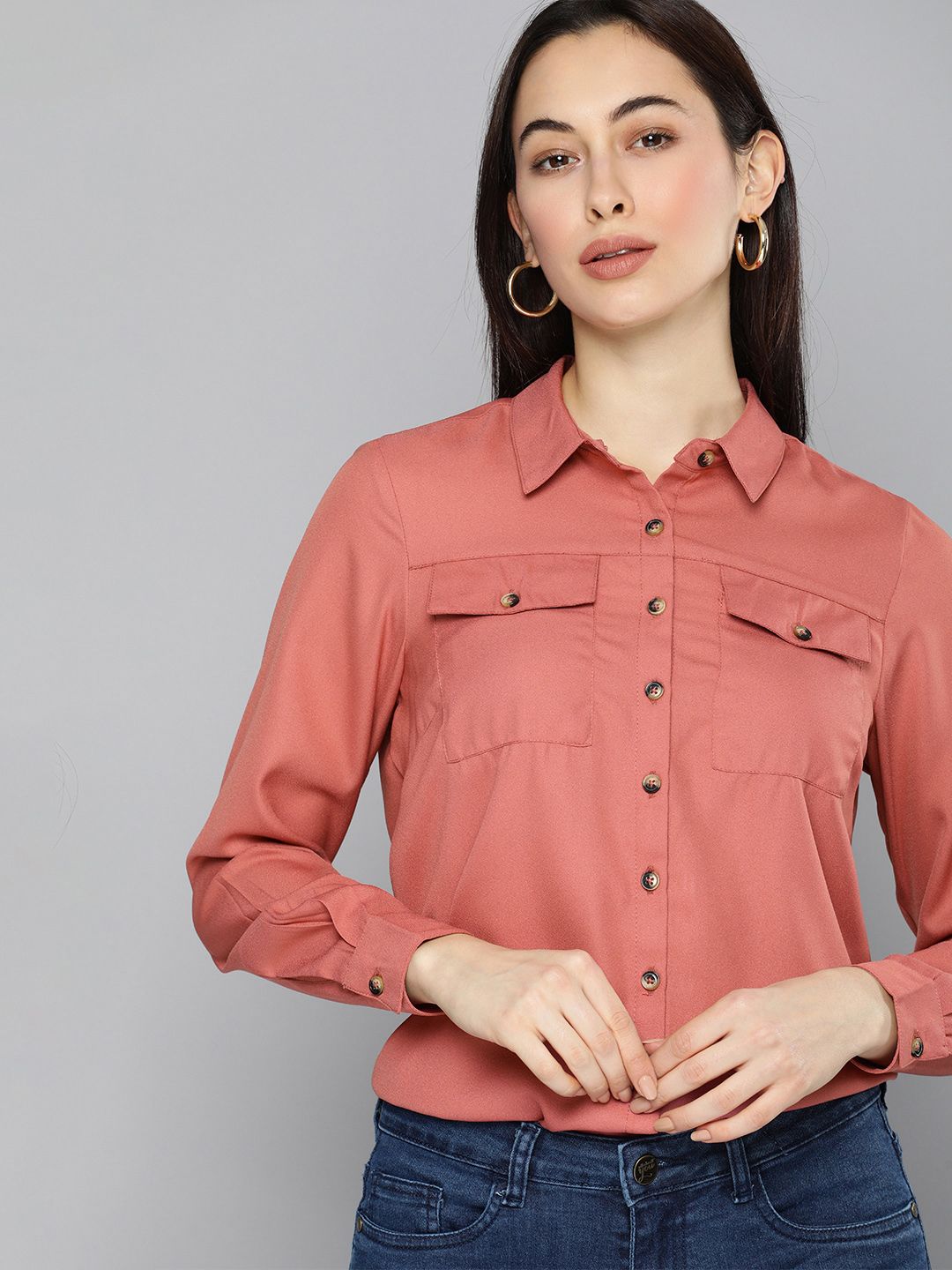 Chemistry Women Pink Regular Fit Solid Casual Shirt