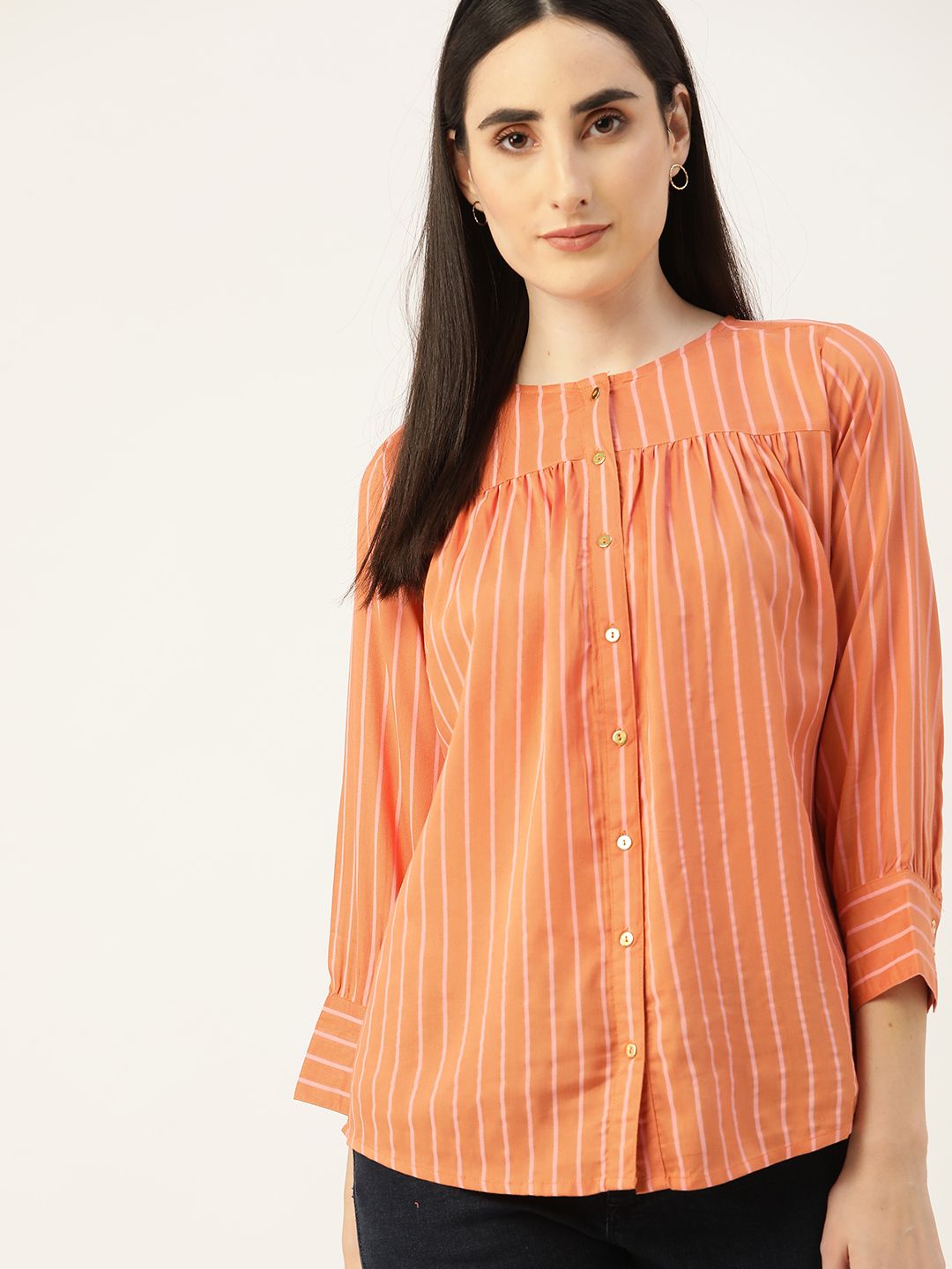 Chemistry Women Orange & Pink Striped Casual Shirt