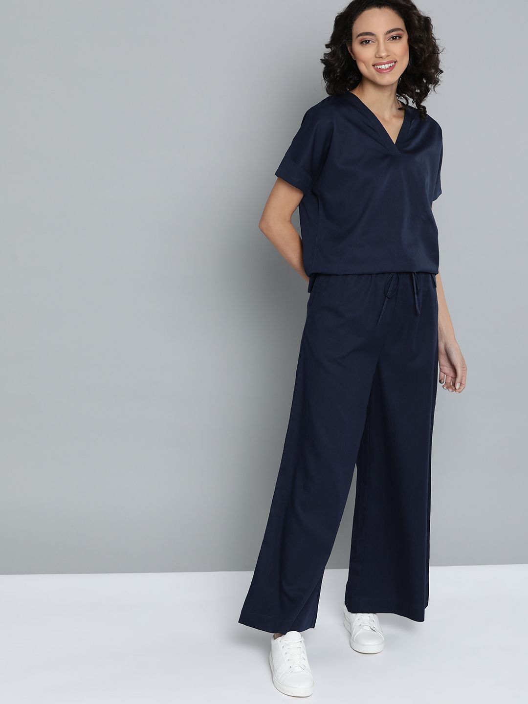 M&H Easy Women Navy Blue Solid Top with Palazzos