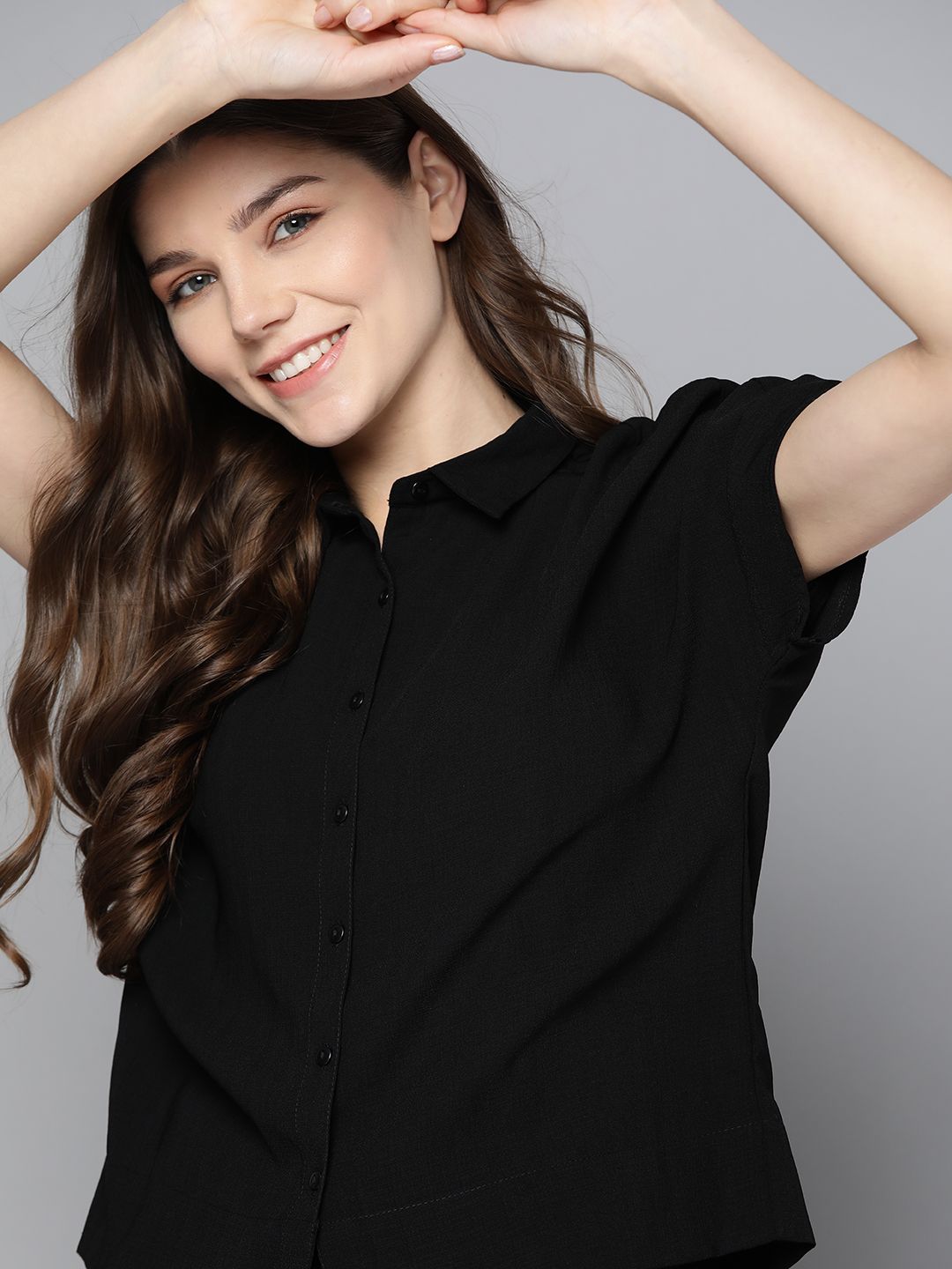 M&H Easy Women Black Solid Extended Sleeves Casual Shirt