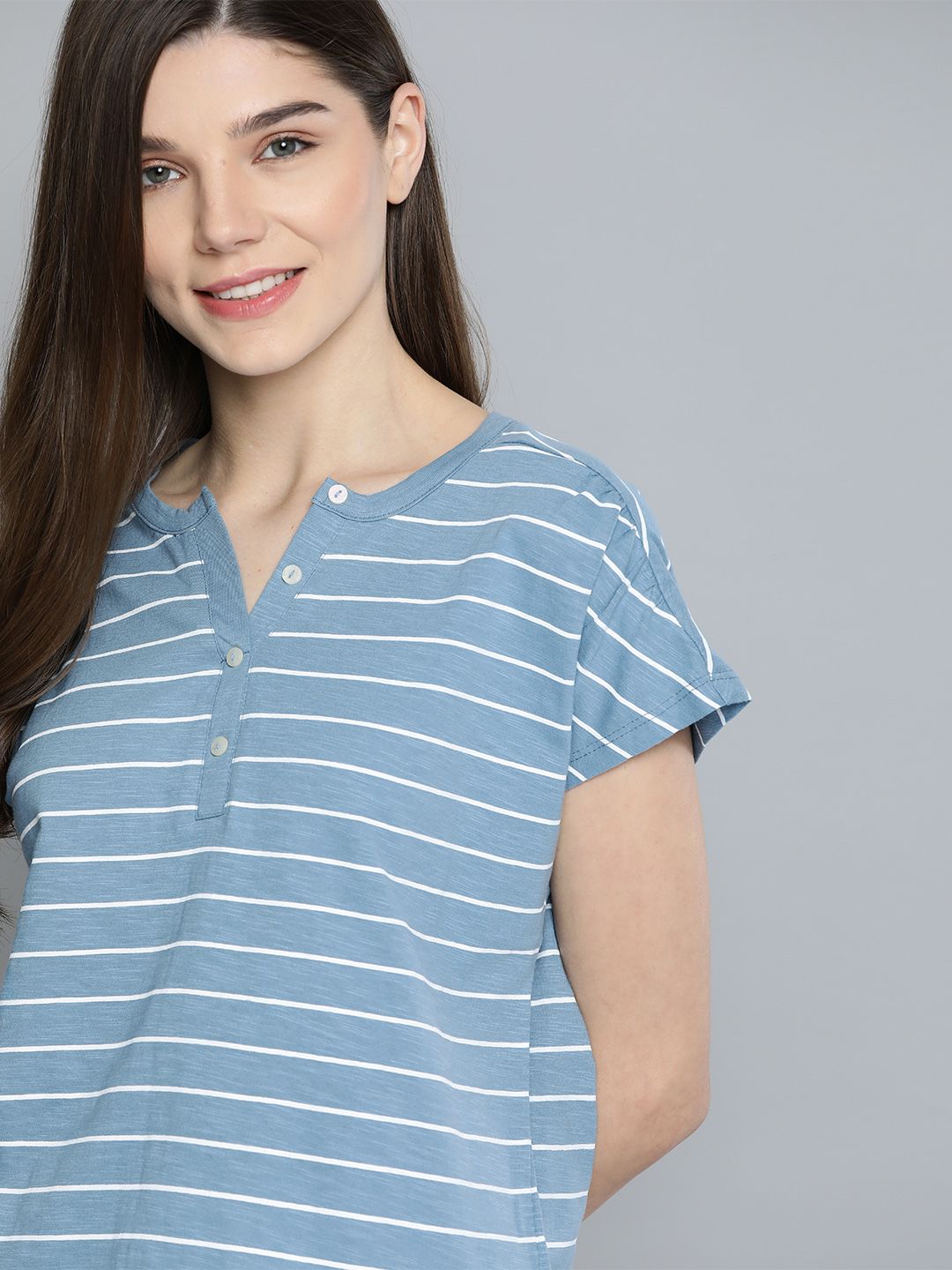 M&H Easy Women Blue & White Striped Cotton Henley Neck T-shirt