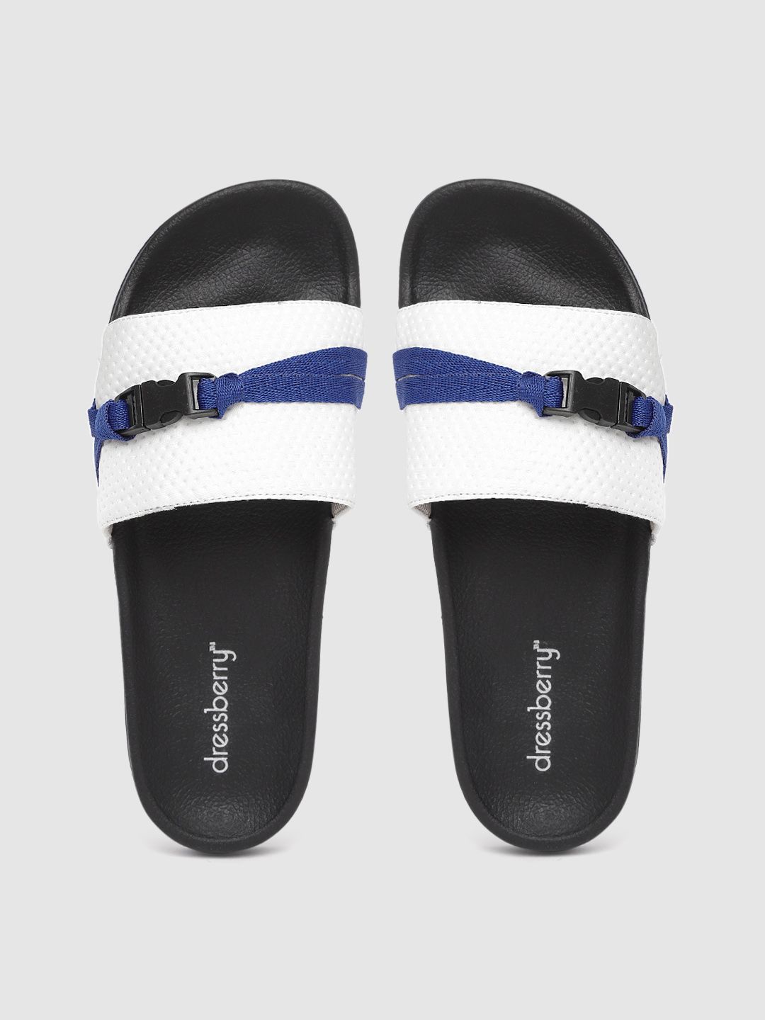 DressBerry Women White & Blue Textured Sliders with Click and Clasp Closure Detail Price in India