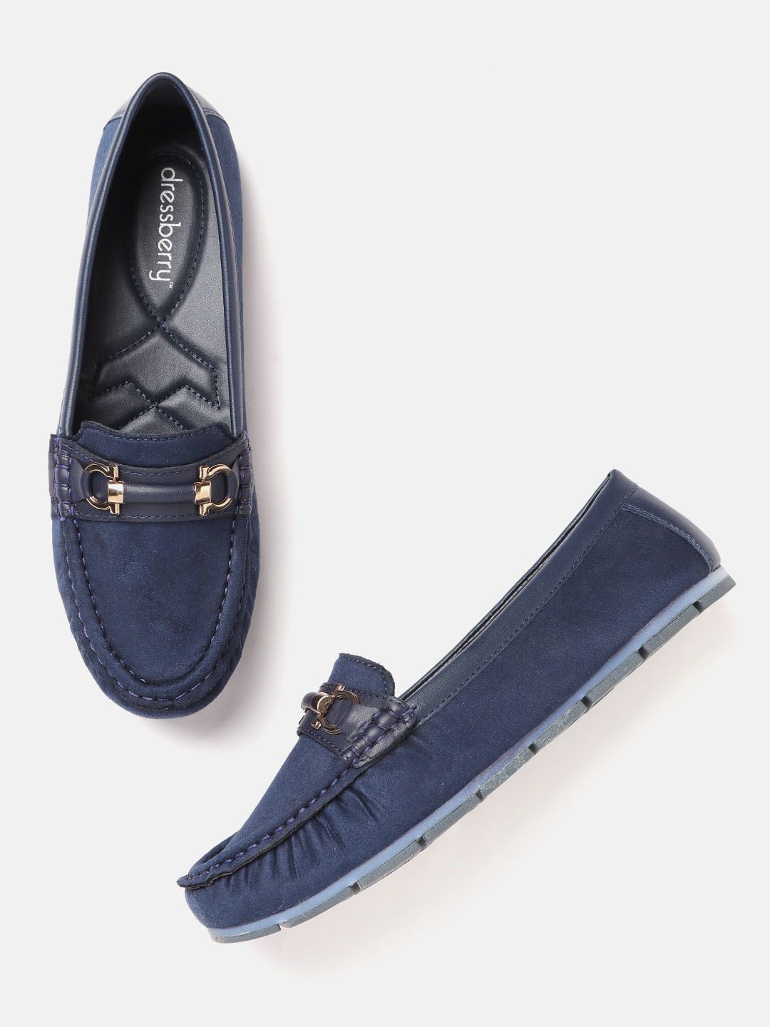 DressBerry Women Navy Blue Solid Horsebit Loafers Price in India