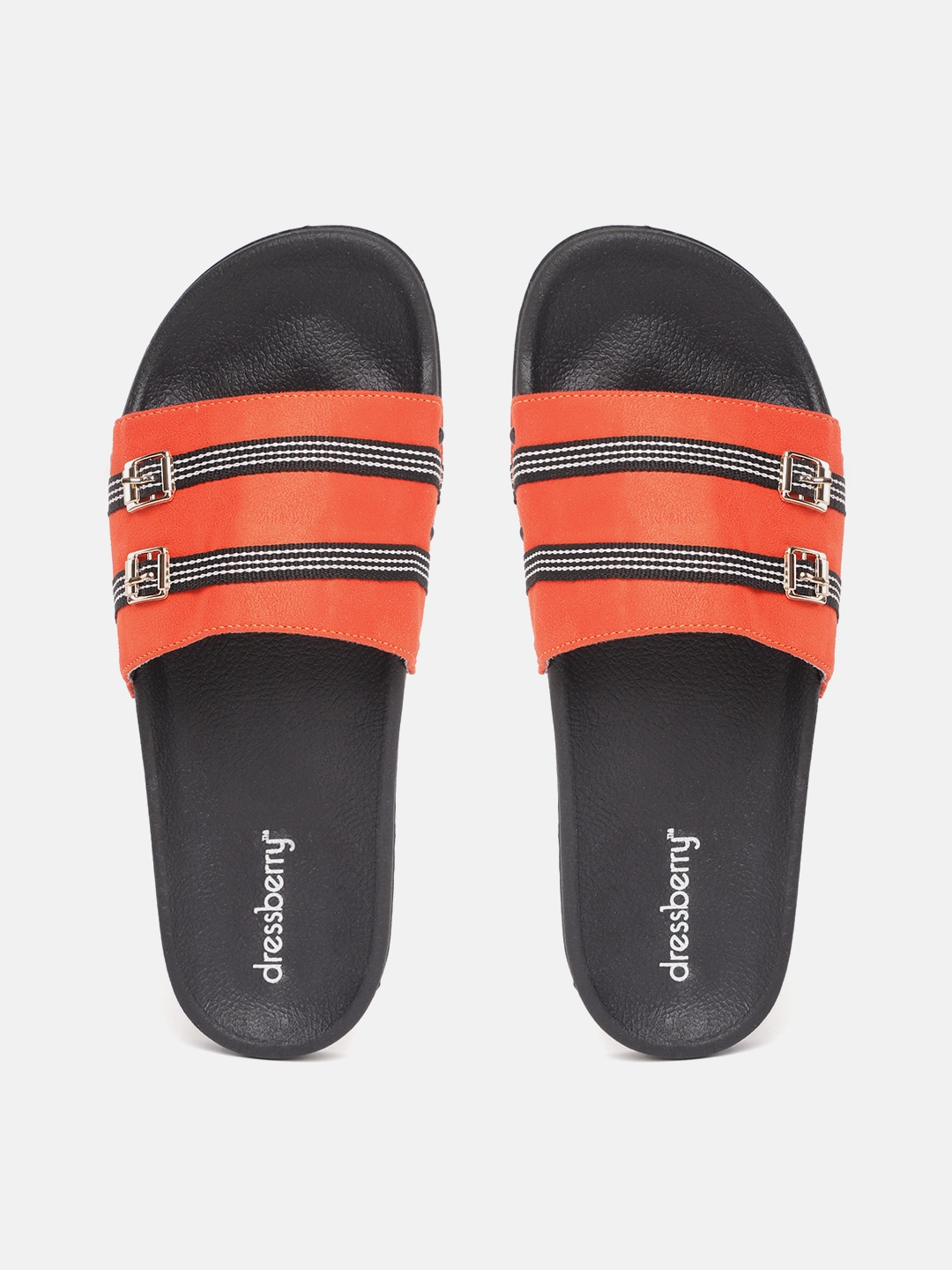 DressBerry Women Coral Orange & White Striped Flip Flops with Buckle Detail Price in India