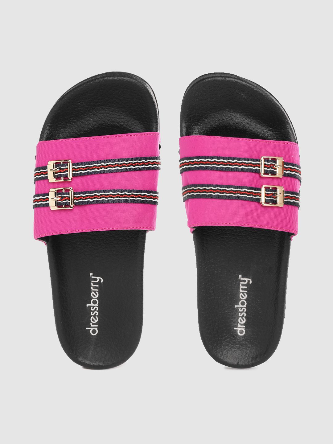 DressBerry Women Pink & Black Striped Sliders Price in India