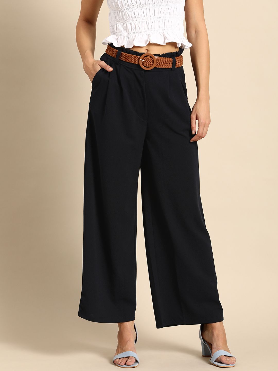 all about you Women Black Solid High-Rise Pleated Parallel Trousers Price in India