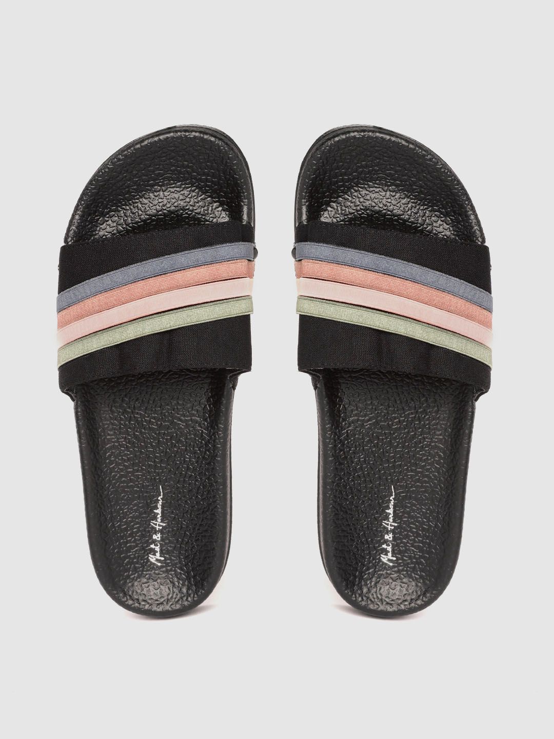 Mast & Harbour Women Black & Pink Striped Sliders Price in India