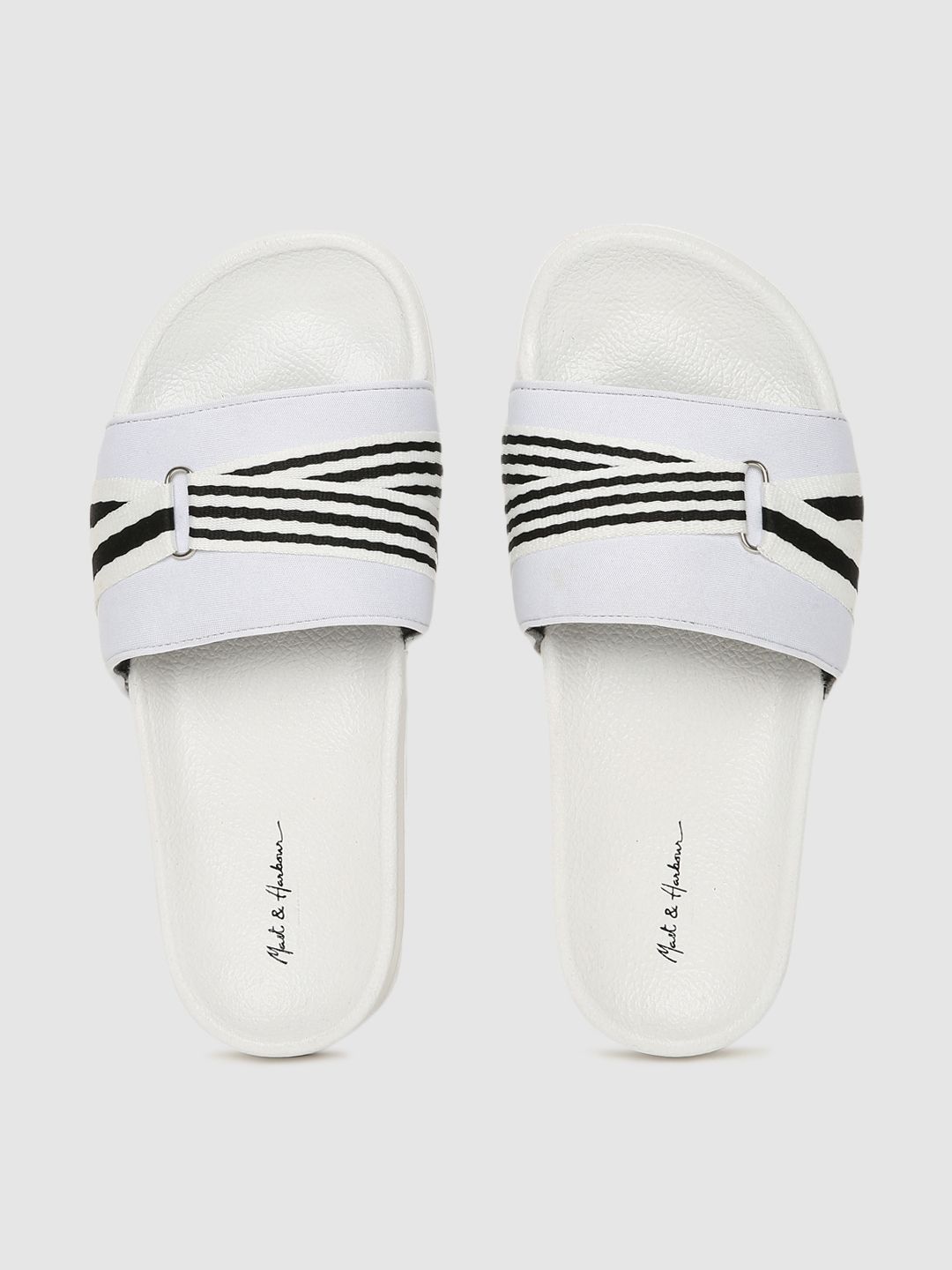 Mast & Harbour Women White & Black Printed Sliders Price in India