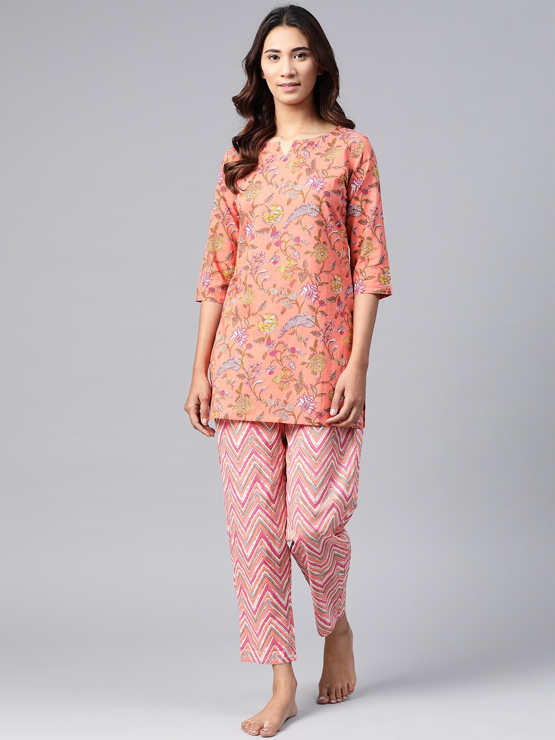 Anubhutee Women Coral Pink & Yellow Pure Cotton Printed Night suit Price in India