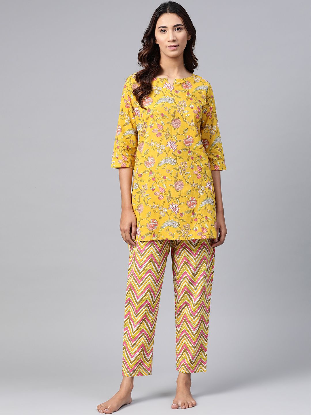Anubhutee Women Mustard Yellow & Pink Pure Cotton Printed Night suit Price in India