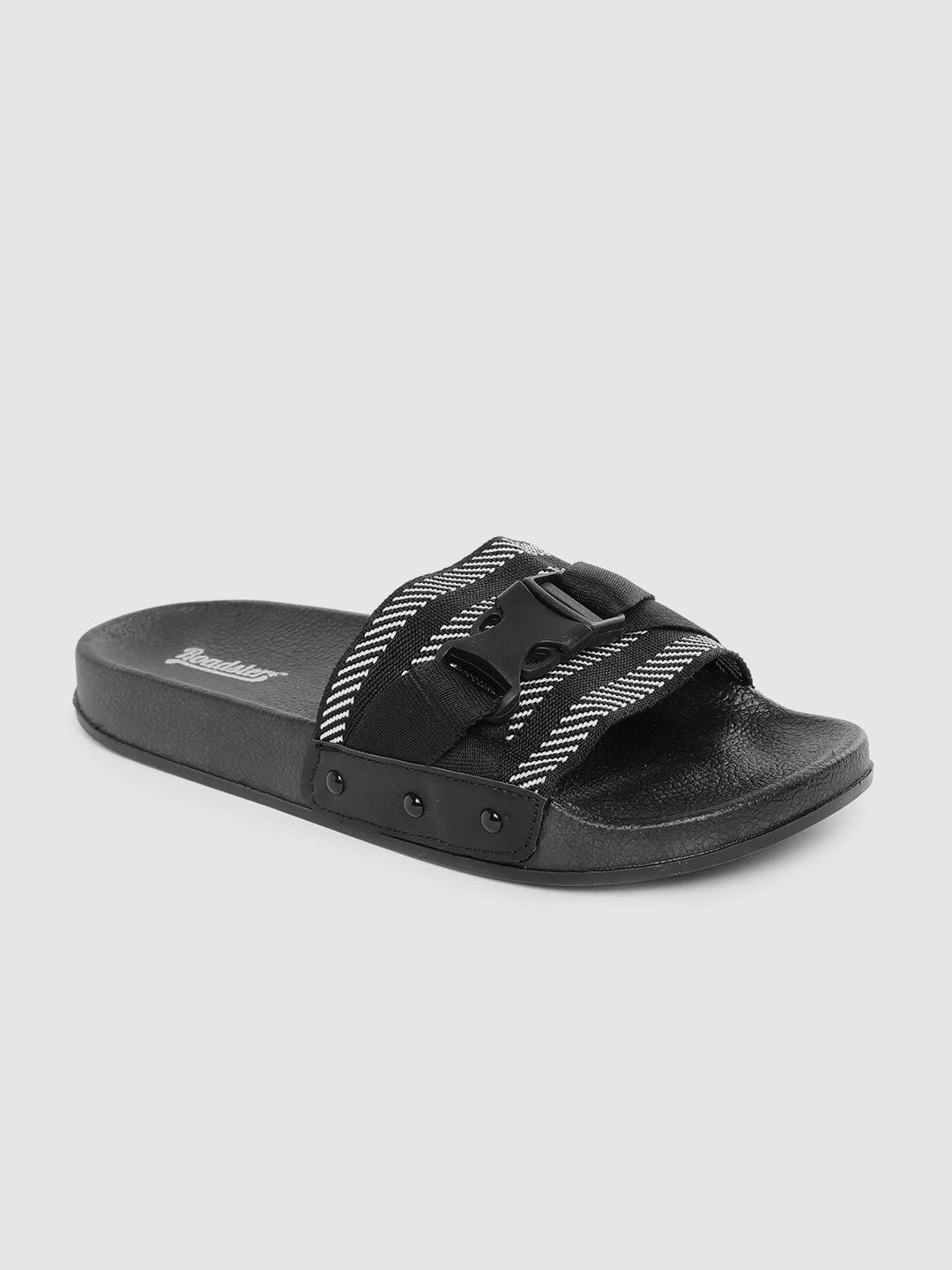 The Roadster Lifestyle Co Women Black & White Striped Flip Flops with Click Buckle Detail Price in India