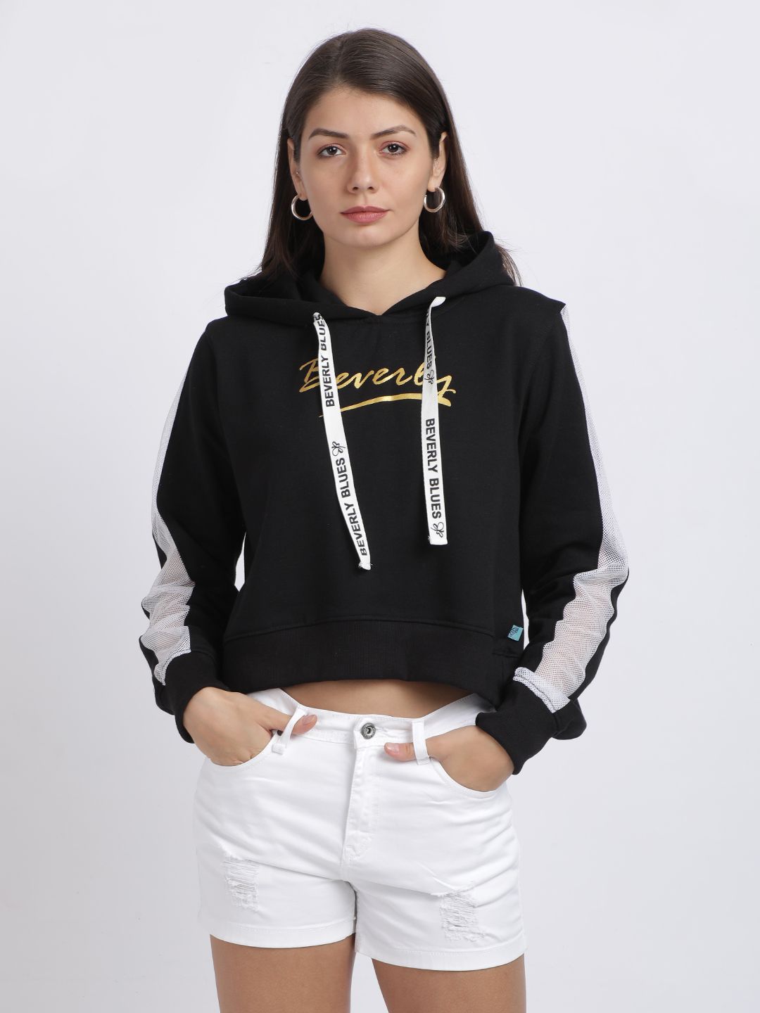 BEVERLY BLUES Women Black Solid Hooded Sweatshirt Price in India