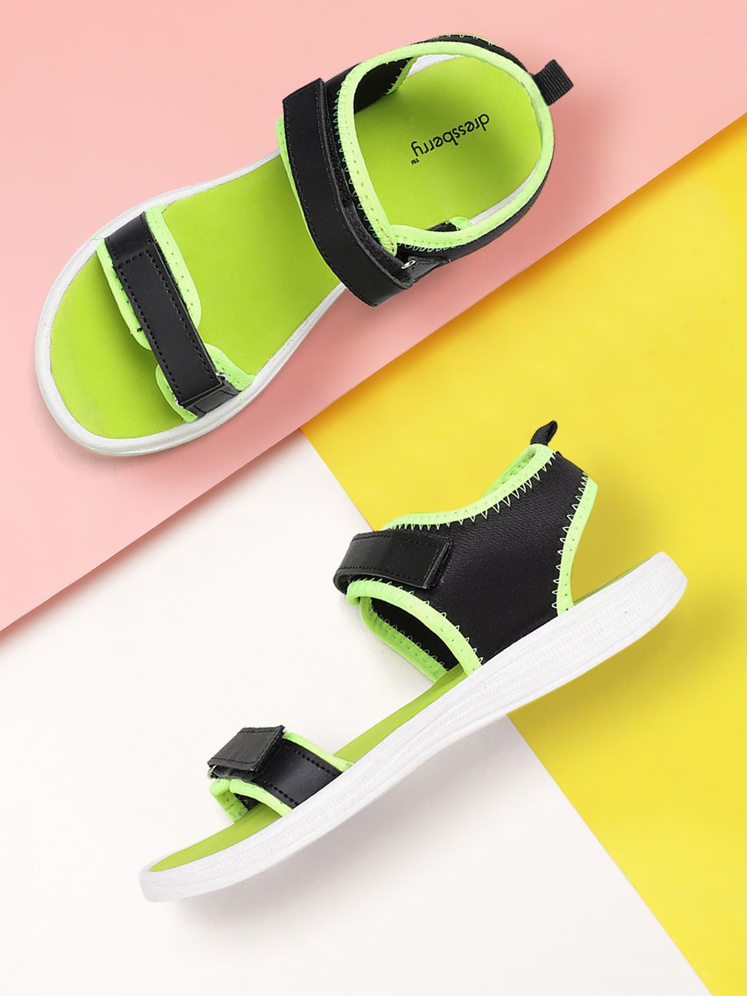 DressBerry Women Black & Lime Green Solid Sports Sandals Price in India