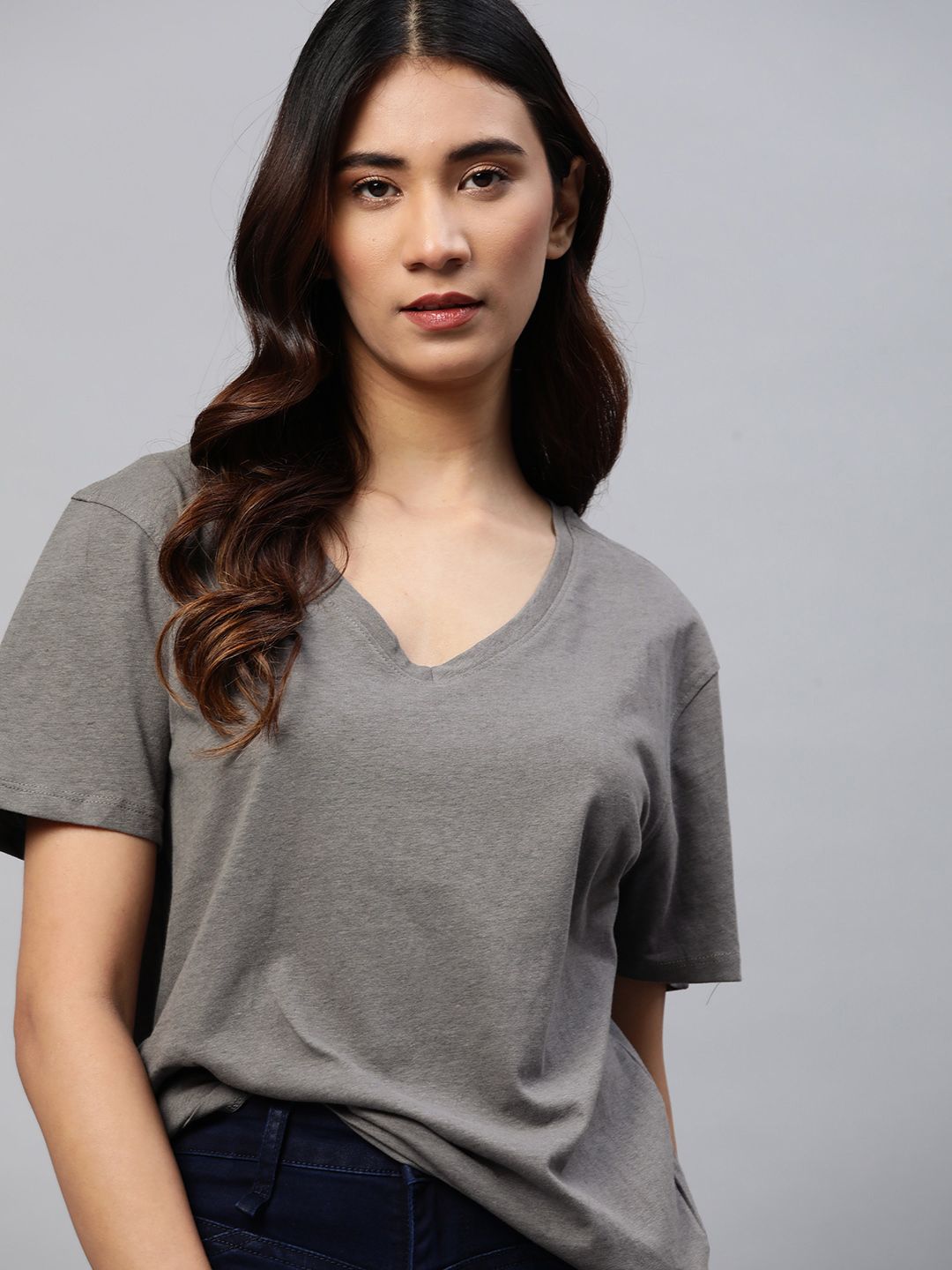 The Roadster Lifestyle Co Women Grey Solid Pure Cotton V-Neck Extended Sleeves T-shirt Price in India