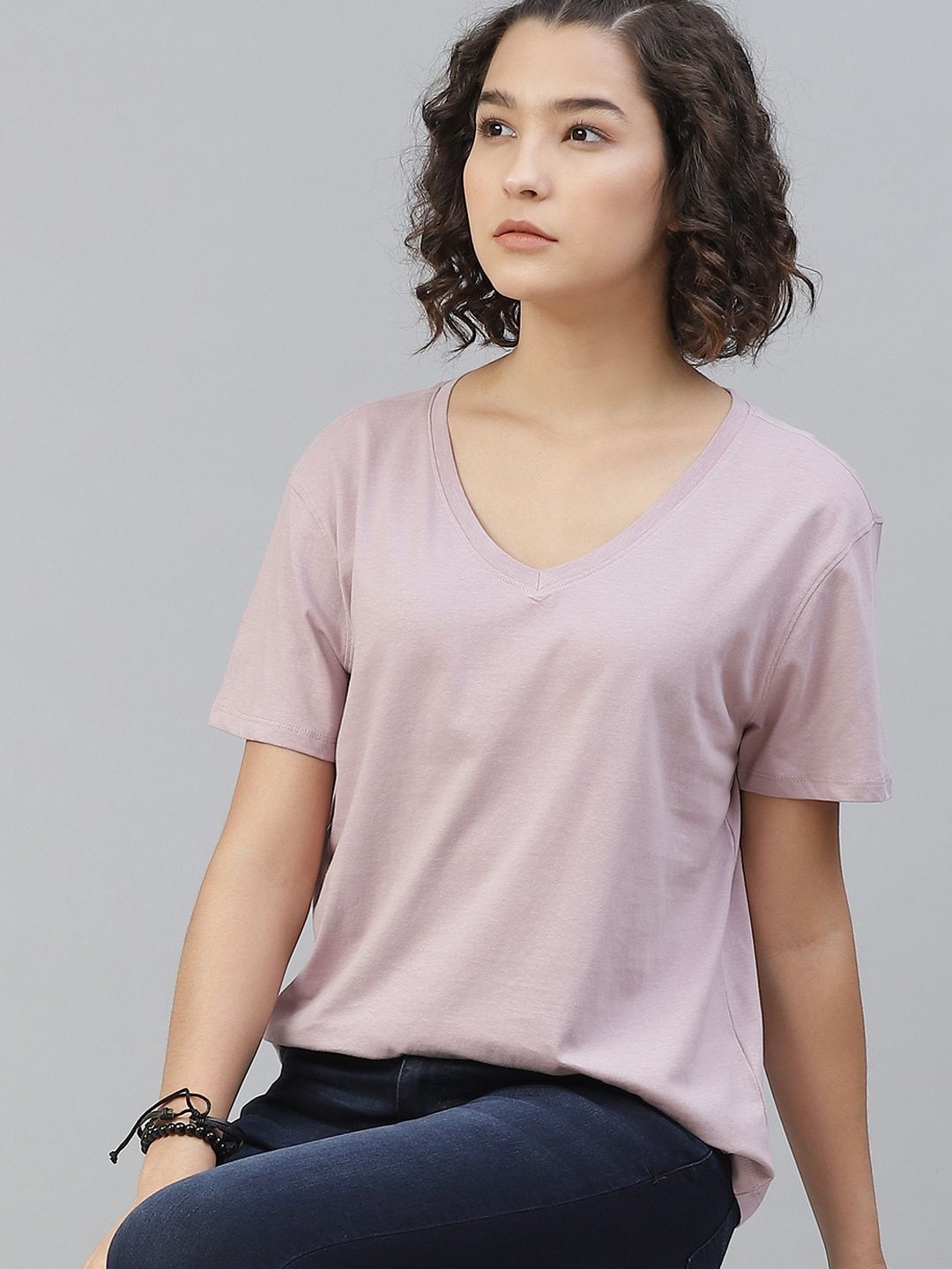 The Roadster Lifestyle Co Women Lavender Solid Pure Cotton V-Neck Pure Cotton T-shirt Price in India