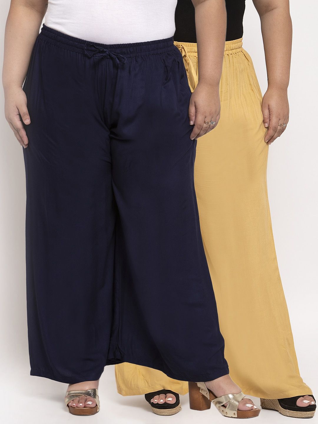 TAG 7 PLUS Women Navy Blue & Beige Solid Flared Plus Size Palazzos Price in India