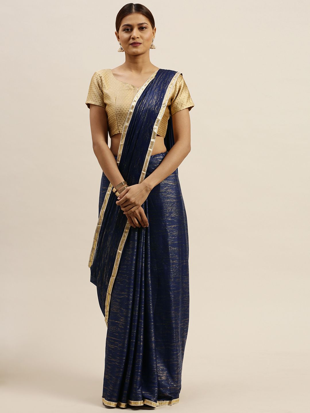 Saree mall Navy Blue Poly Chiffon Woven Design Mysore Silk Saree Price in India