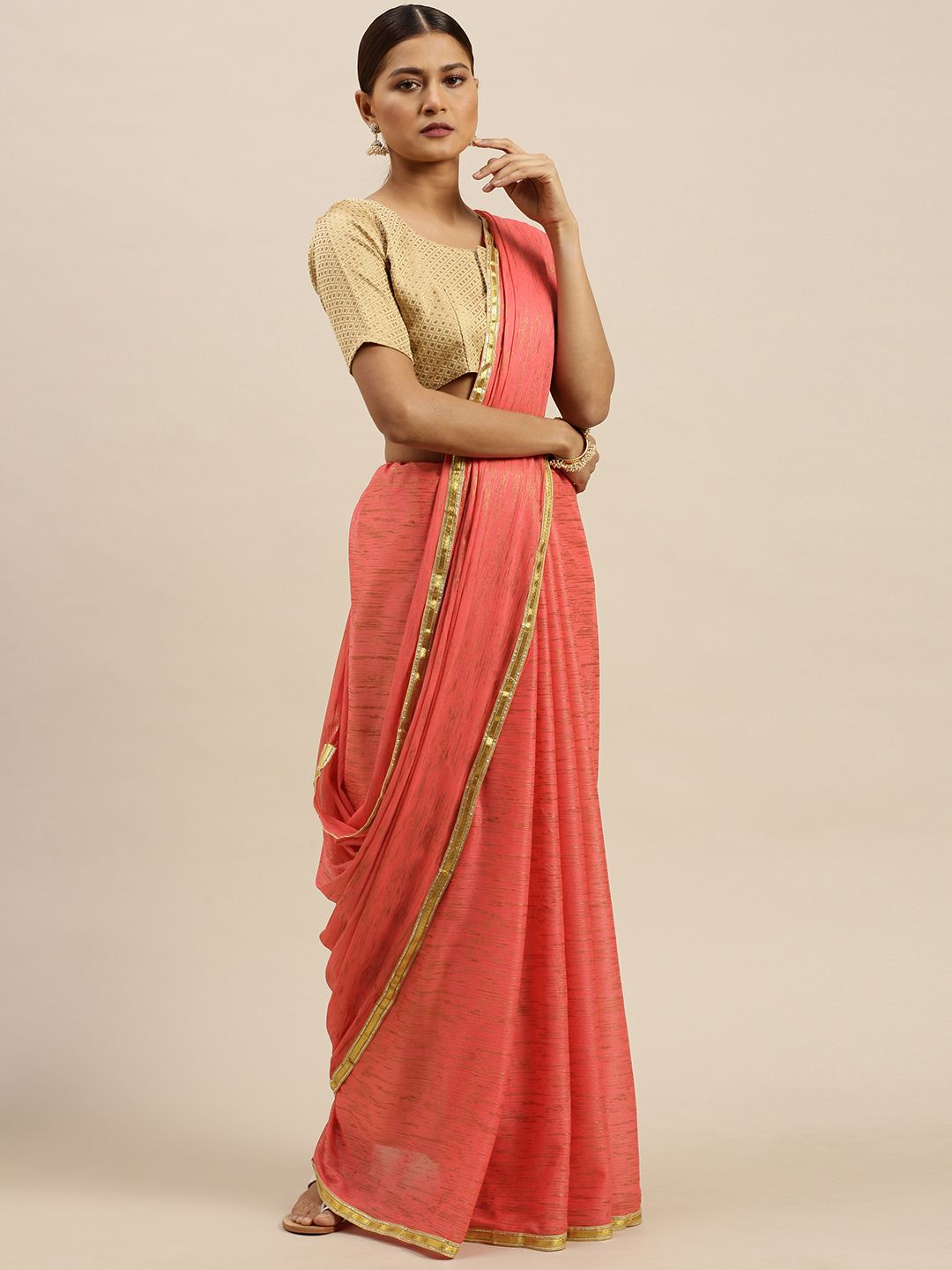 Saree mall Peach-Coloured & Gold-Toned Poly Chiffon Printed Mysore Silk Saree Price in India