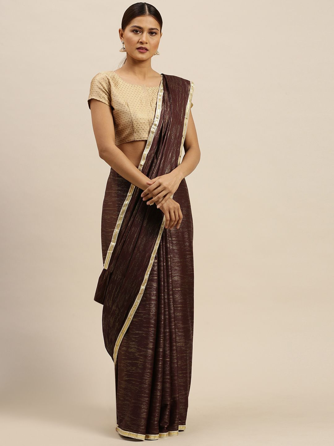 Saree mall Brown & Gold-Toned Poly Chiffon Woven Design Mysore Silk Saree Price in India