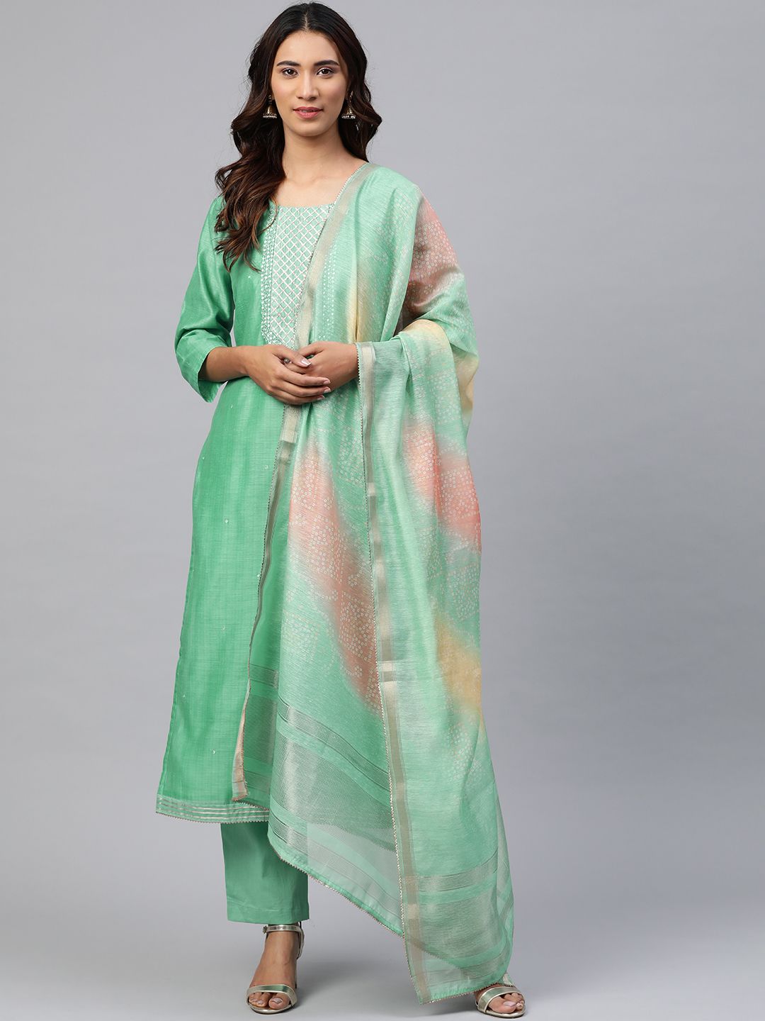 Readiprint Fashions Green Embellished Unstitched Dress Material With Dupatta Price in India