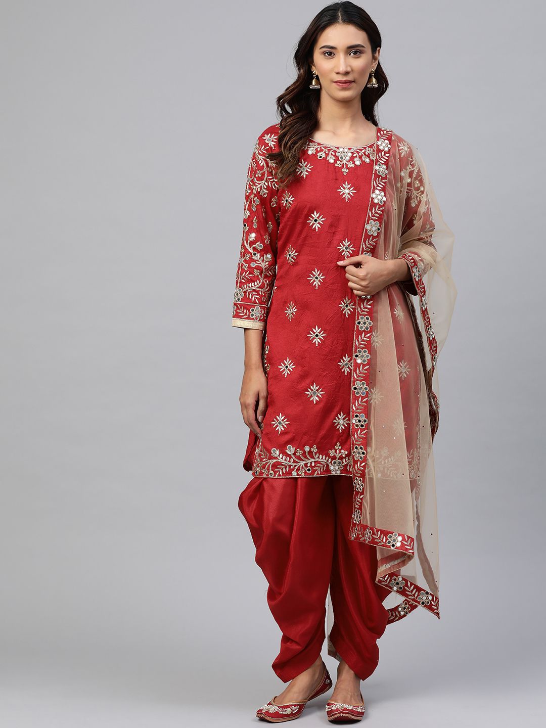 Readiprint Fashions Maroon & Beige Zari Embroidered Unstitched Dress Material With Dupatta Price in India