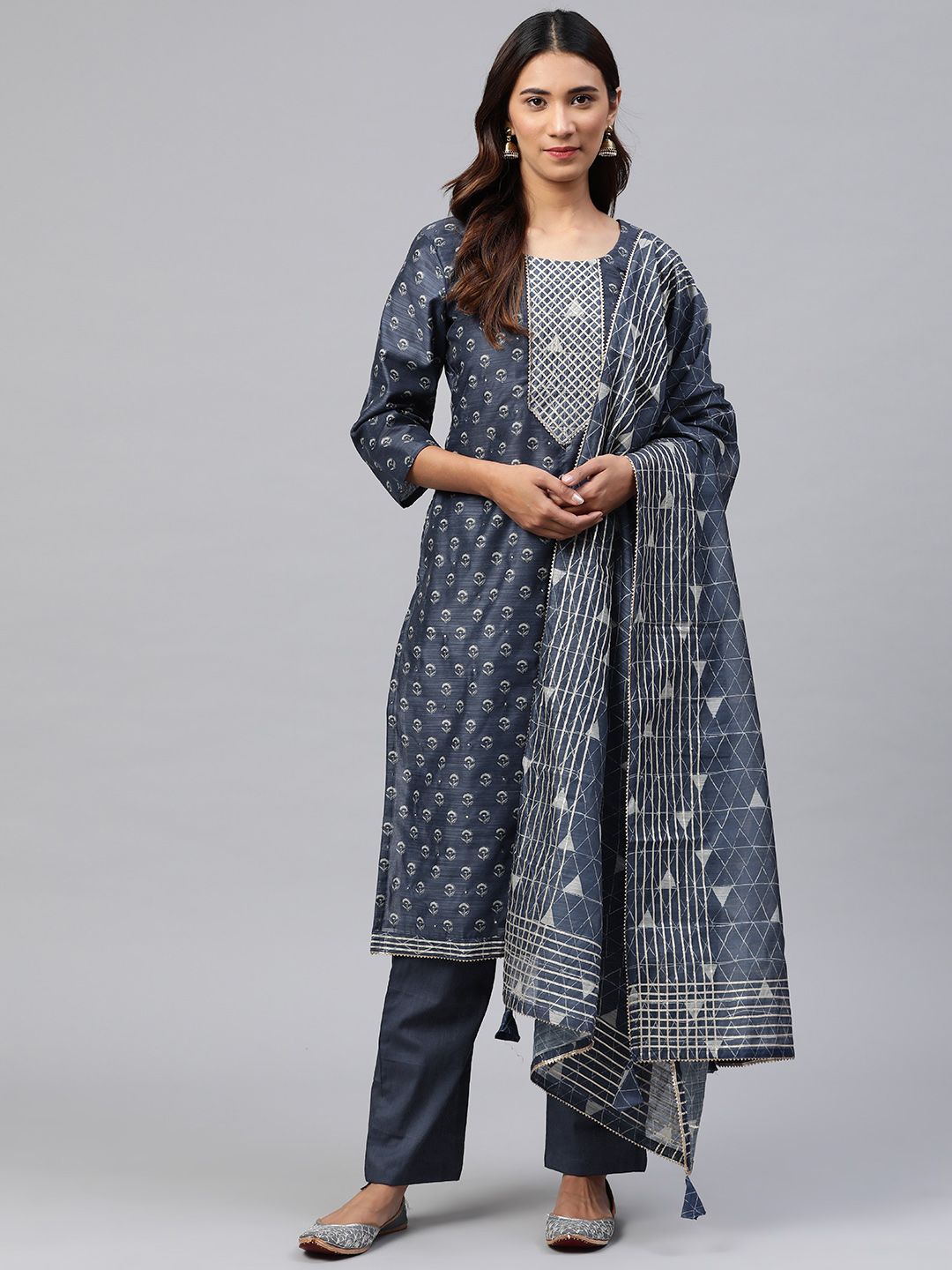 Readiprint Fashions Navy Blue & Grey Printed Unstitched Dress Material Price in India