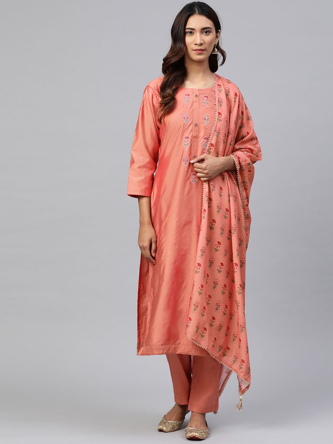 Readiprint Fashions Peach-Coloured Embroidered Unstitched Dress Material Price in India