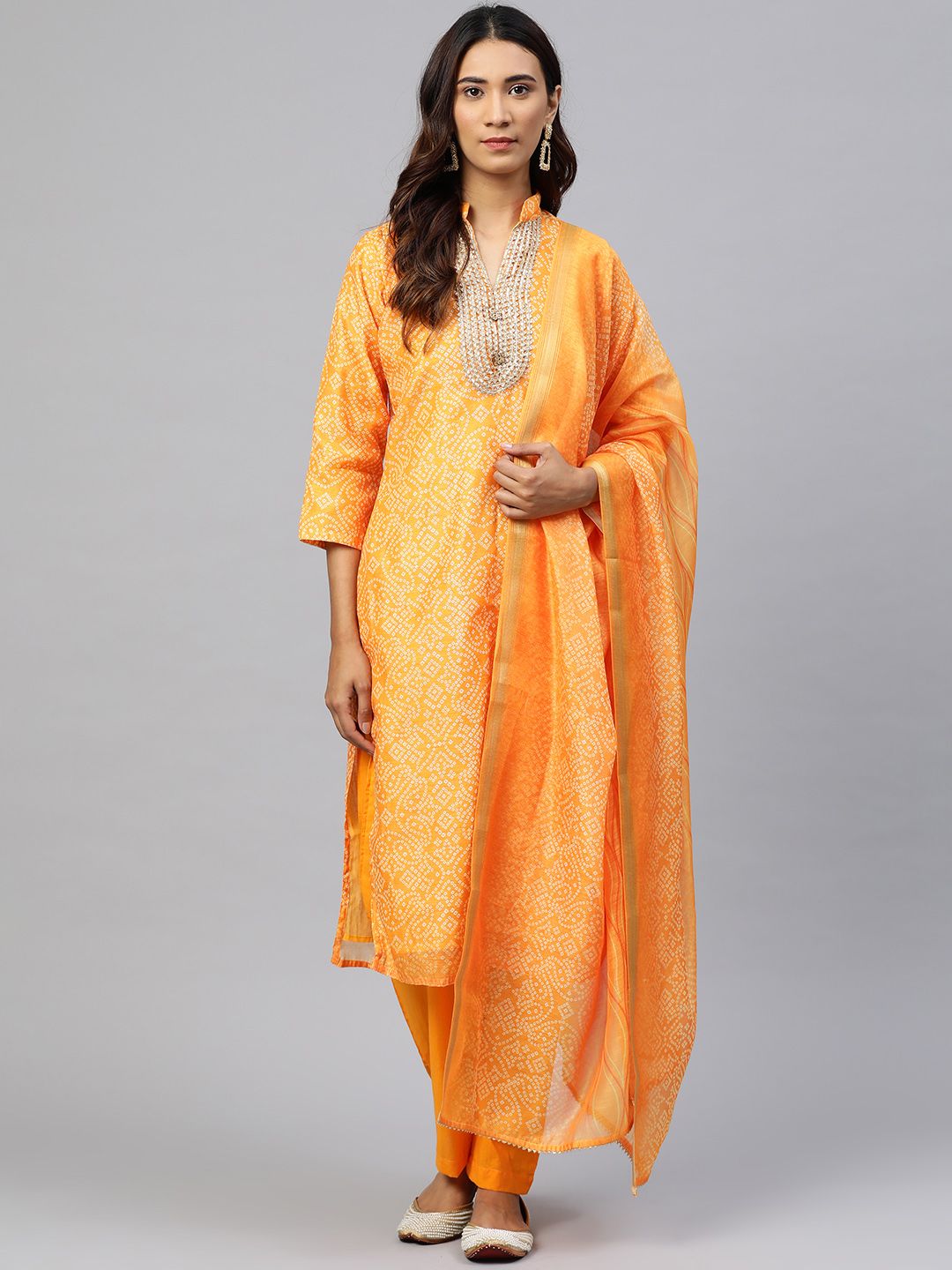 Readiprint Fashions Orange & White Bandhani Printed Unstitched Dress Material With Dupatta Price in India