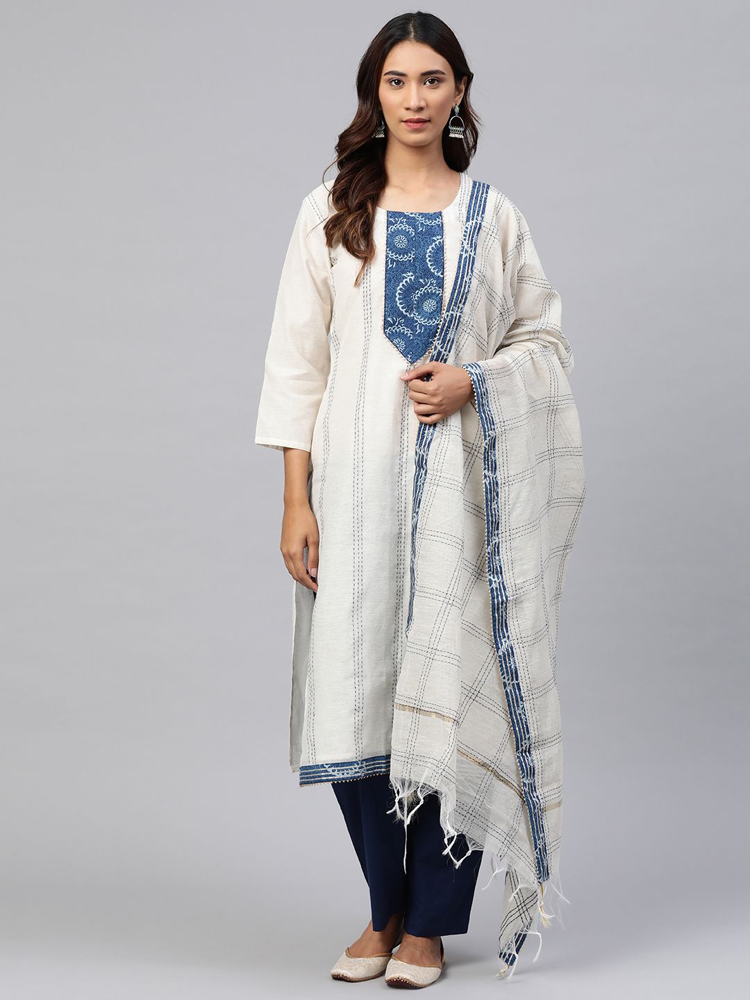 Readiprint Fashions Off-White & Navy Blue Striped Unstitched Dress Material Price in India