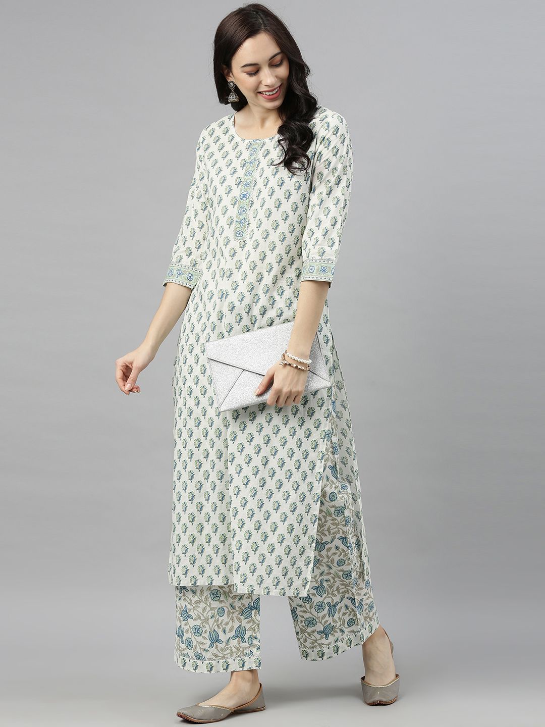 AHIKA Women Off-White & Green Printed Kurta with Palazzos Price in India