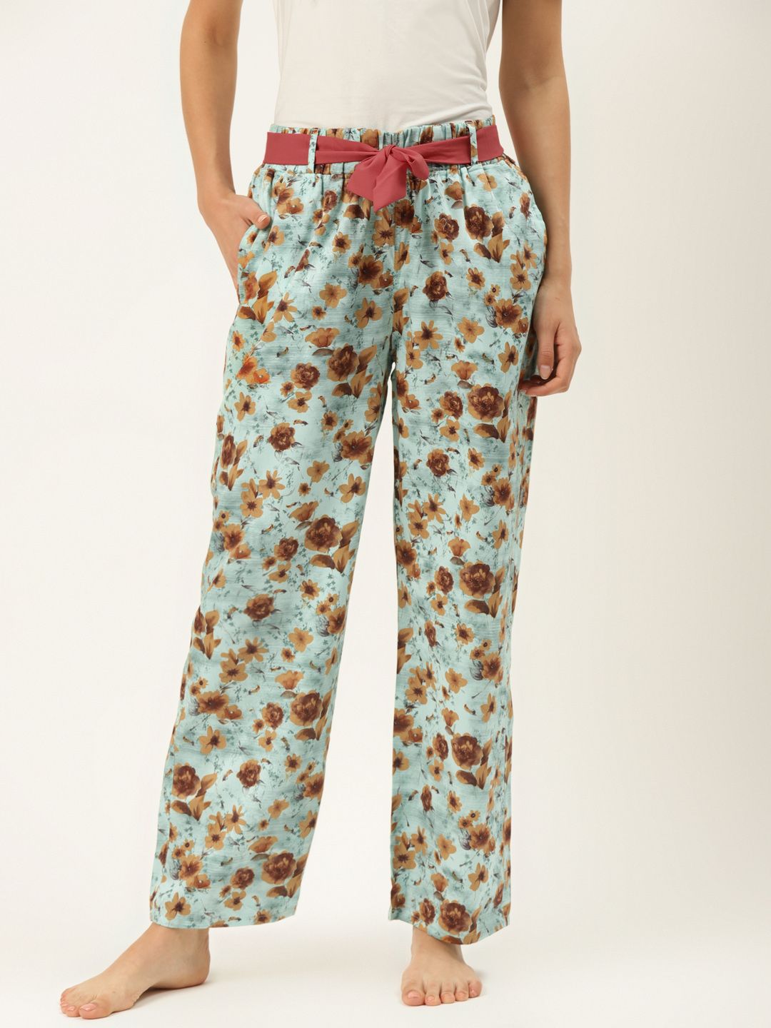 Sweet Dreams Women Sea Green & Brown Floral Print Lounge Pants with Belt Price in India