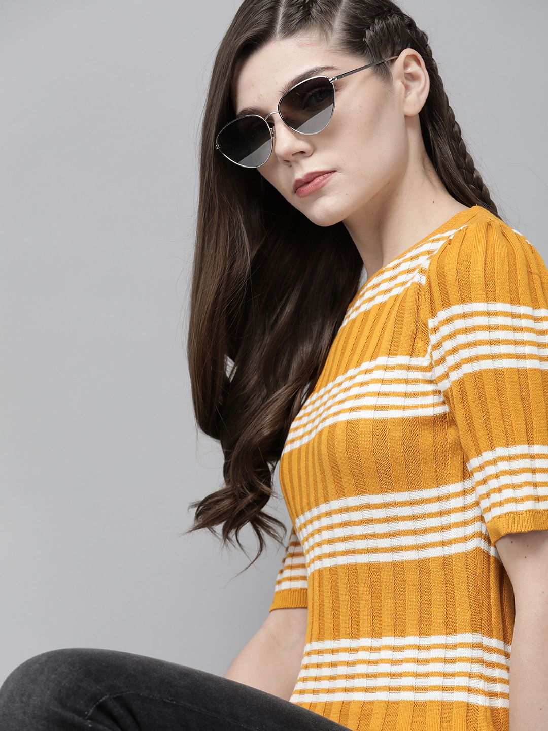 The Roadster Lifestyle Co Mustard Yellow & White Striped Fitted Top Price in India